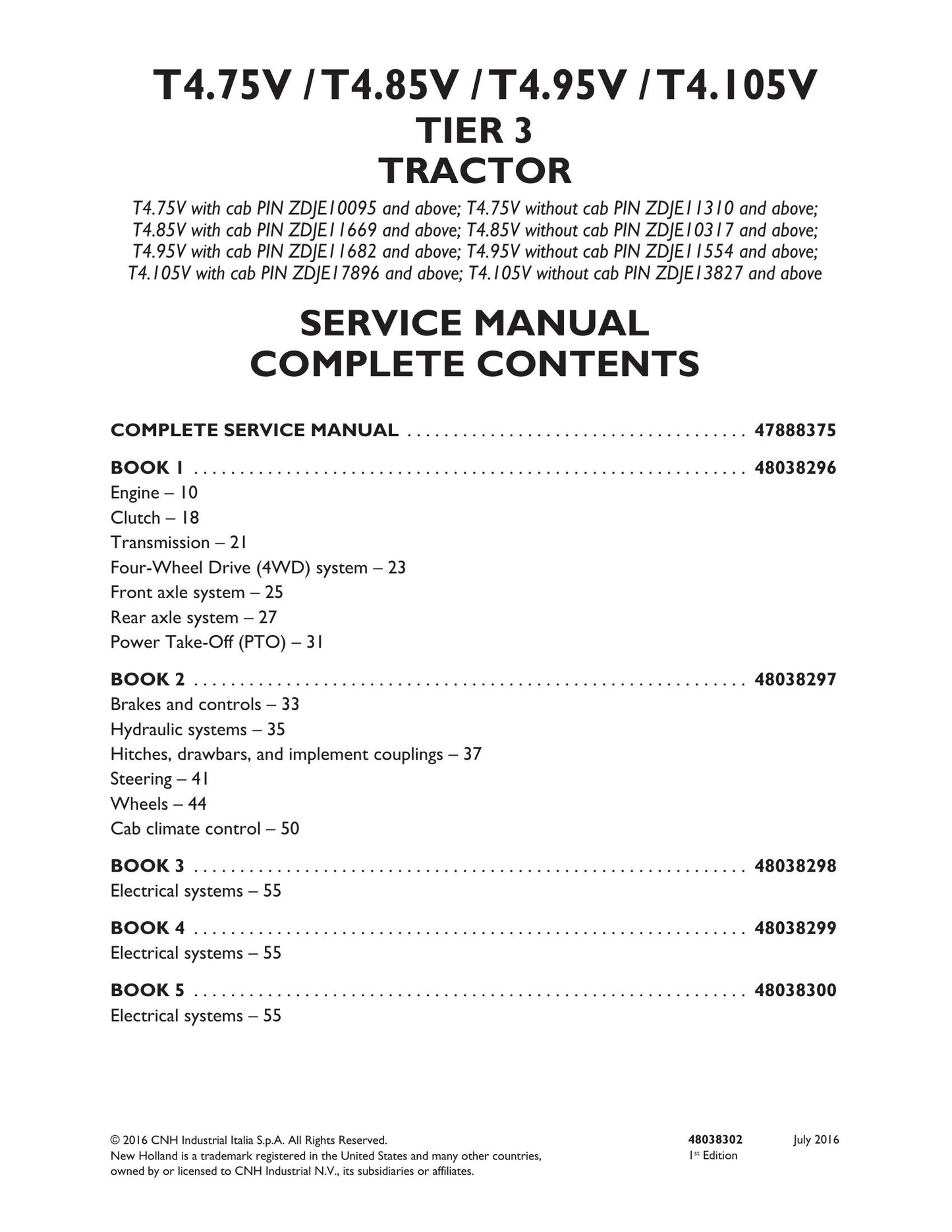 New Holland T4.75V T4.85V T4.95V T4.105V Tractor Factory Workshop Service Manual 48038296