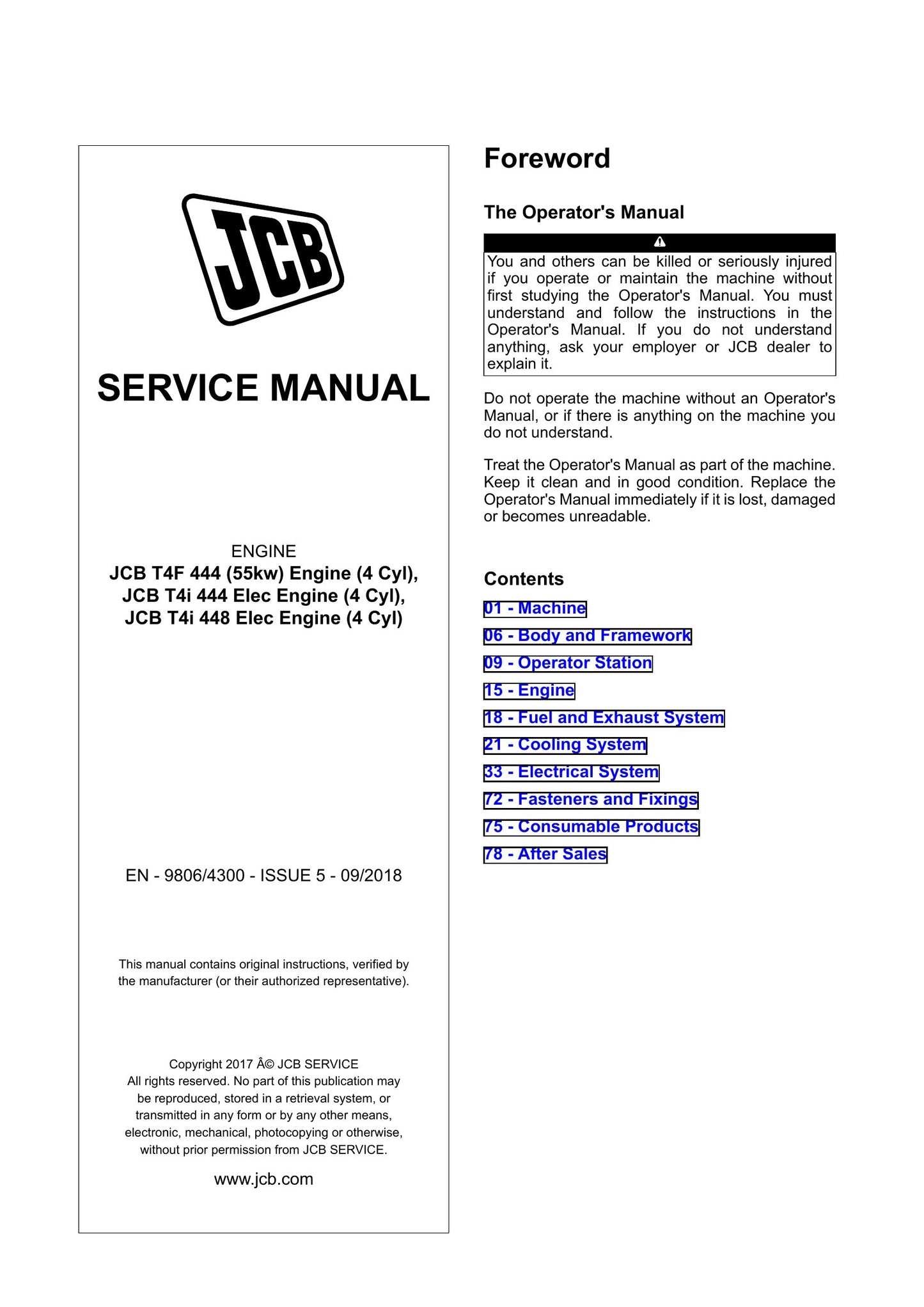 JCB T4F 444 T4i 444 T4i 448 Engine Factory Workshop Service Manual 9806/4300