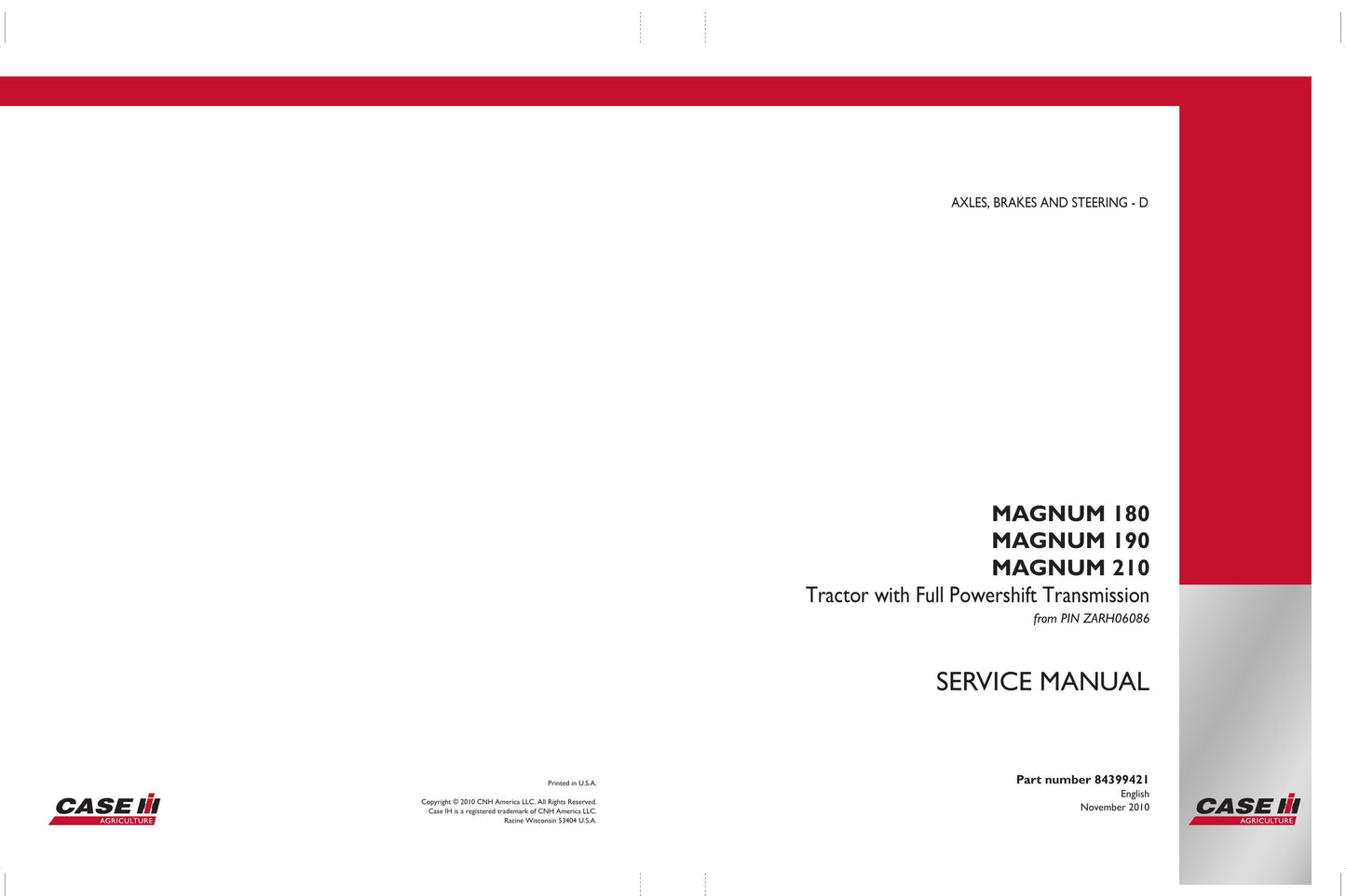 CASE MAGNUM 180 MAGNUM 190 MAGNUM 210 Tractor Factory Workshop Service Manual 84399414