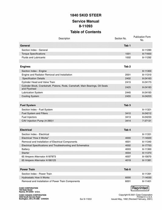 CASE 1840 Skid Steer Loader Factory Workshop Service Manual 8-11093