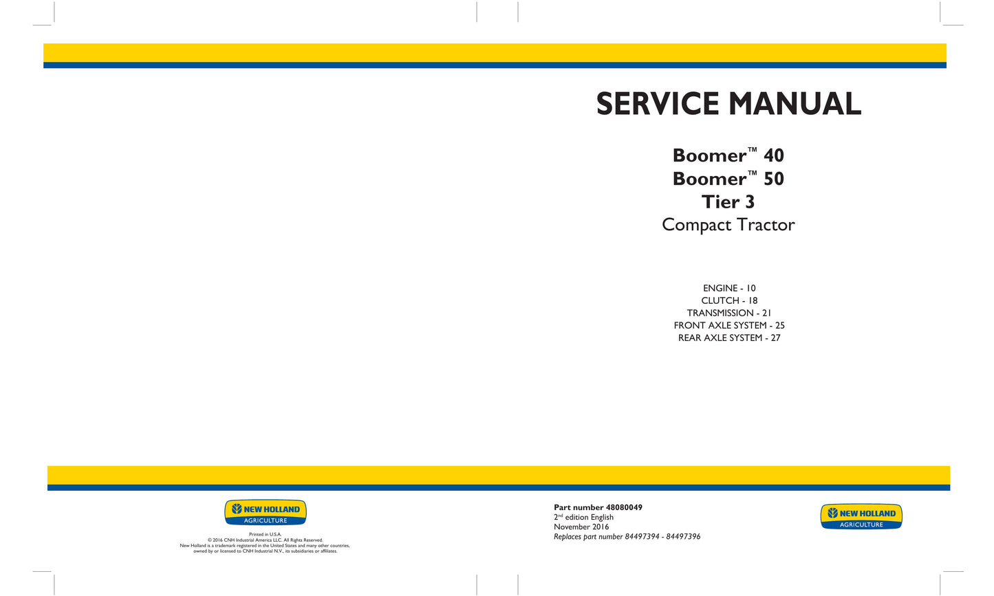 New Holland Boomer 40 Boomer 50 Compact Tractor Factory Workshop Service Manual 48080049