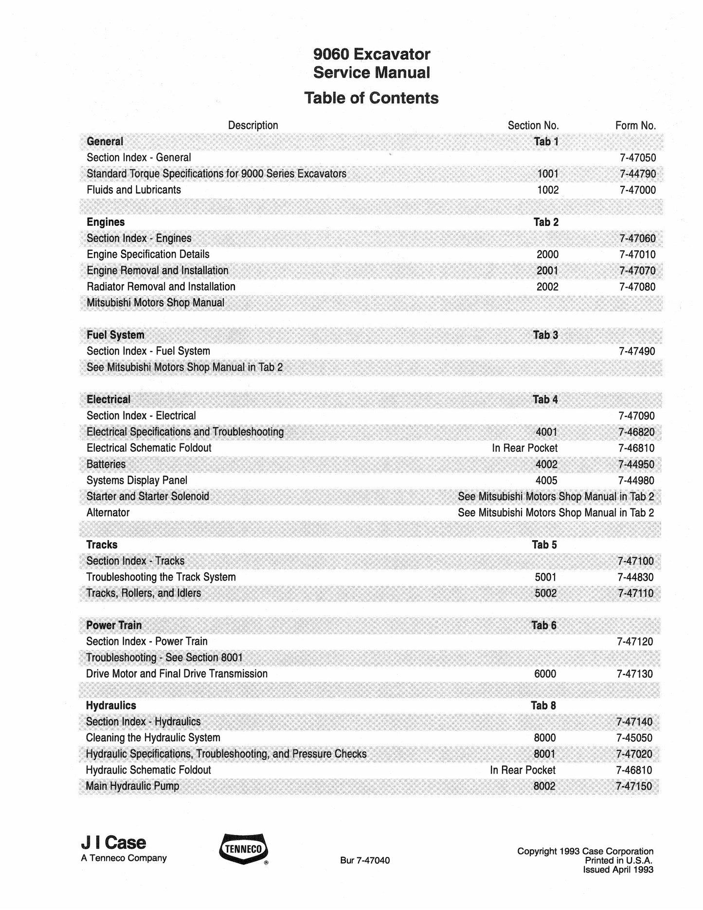 CASE 9060 Crawler Excavator Factory Workshop Service Manual 7-47040