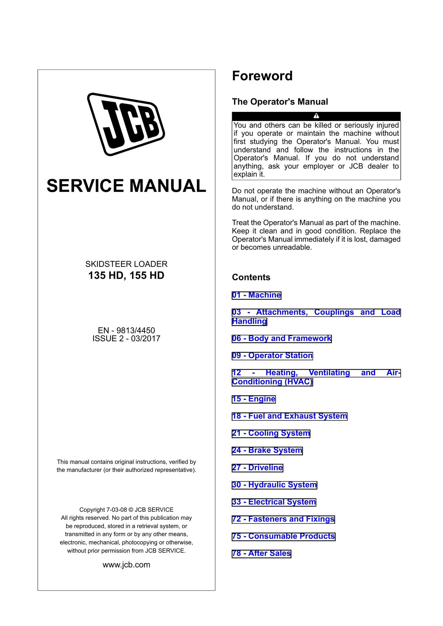 JCB 135 HD 155 HD Skid Steer Loader Factory Workshop Service Manual 9813/4450