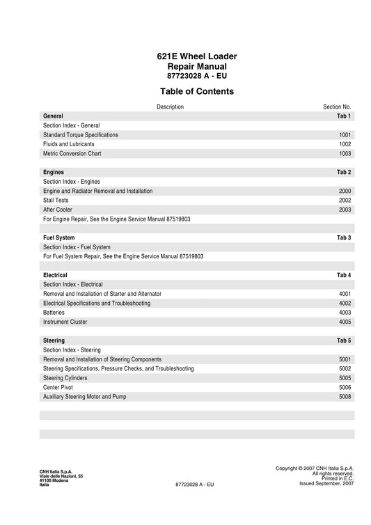 CASE 621E Wheel Loader Factory Workshop Repair Manual 87723028 A - EU