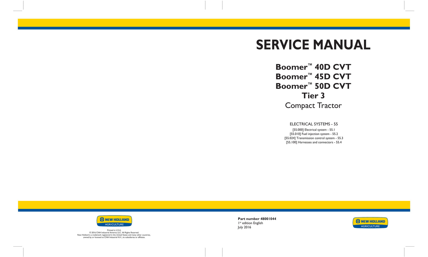 New Holland Boomer 40D CVT Boomer 45D CVT Boomer 50D CVT Compact Tractor Factory Workshop Service Manual 48001043