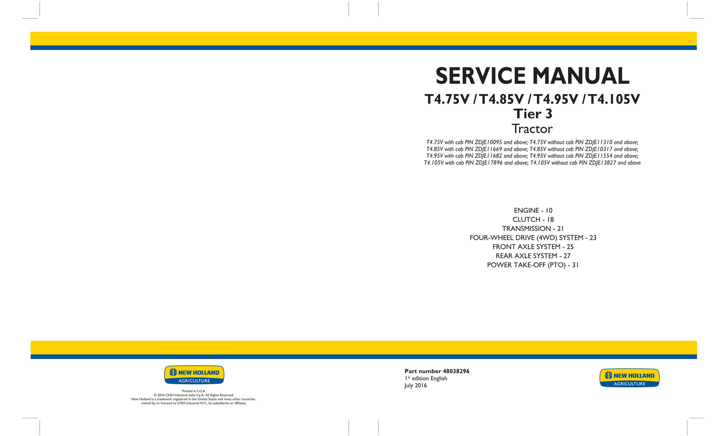 New Holland T4.75V T4.85V T4.95V T4.105V Tractor Factory Workshop Service Manual 48038296