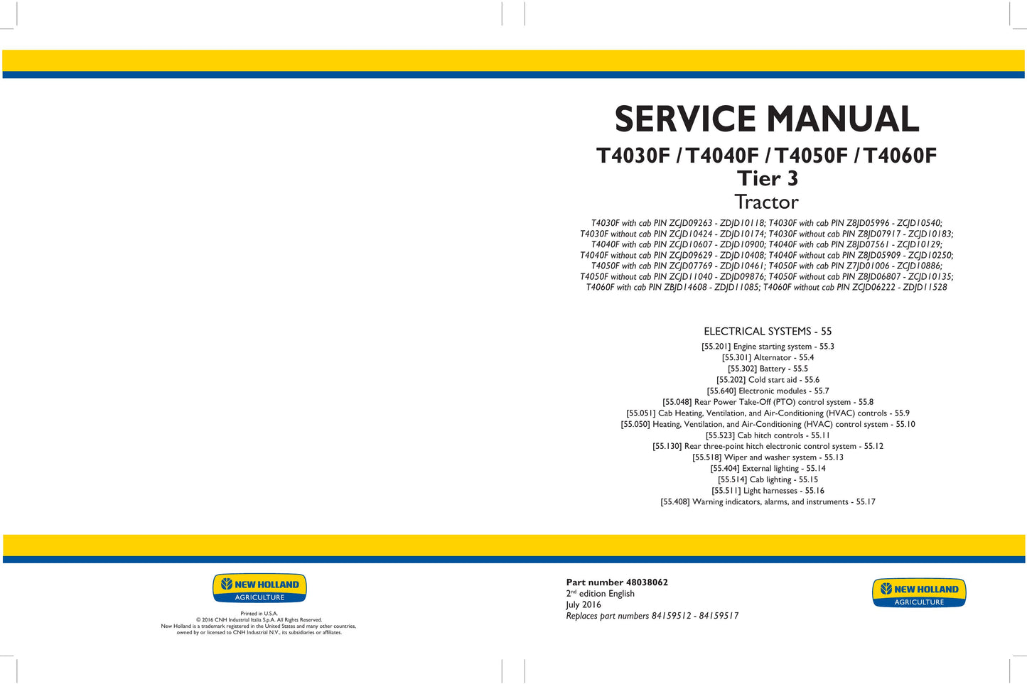 New Holland T4030F T4040F T4050F T4060F Tractor Factory Workshop Service Manual 48038056