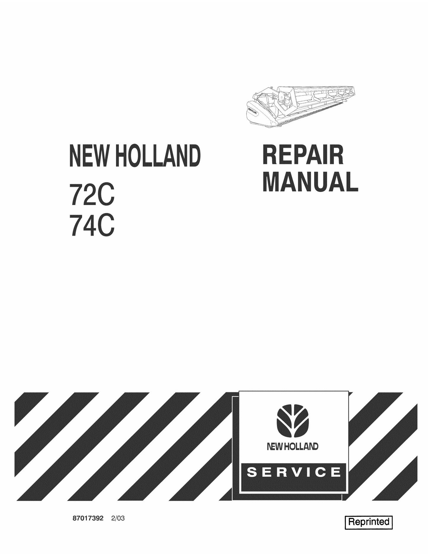 New Holland 72C 74C Attachment Header Factory Workshop Repair Manual