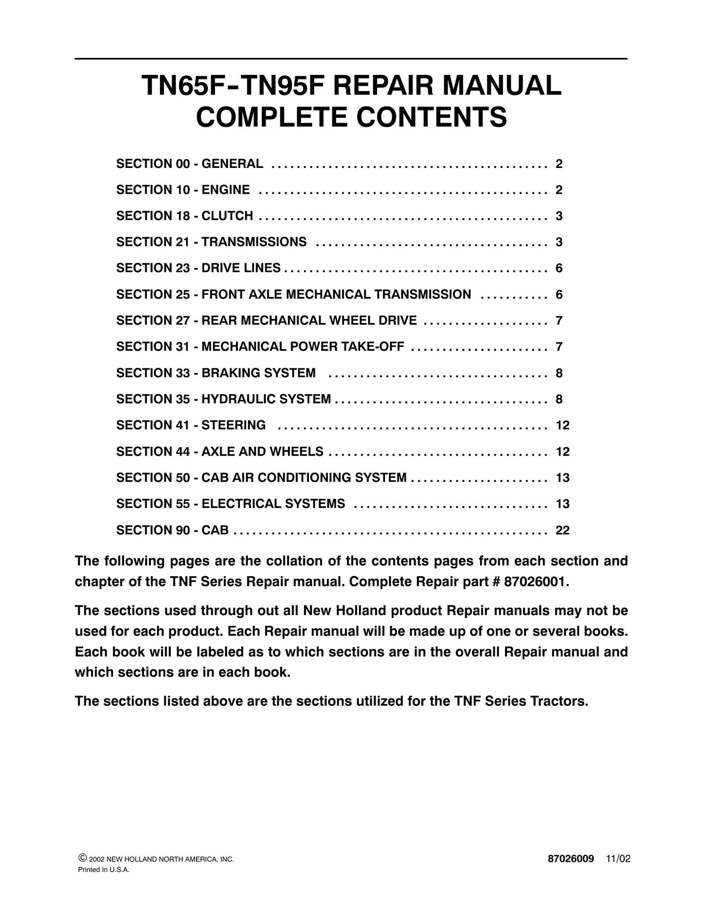 New Holland TN65F TN95F Tractor Factory Workshop Repair Manual 87026009