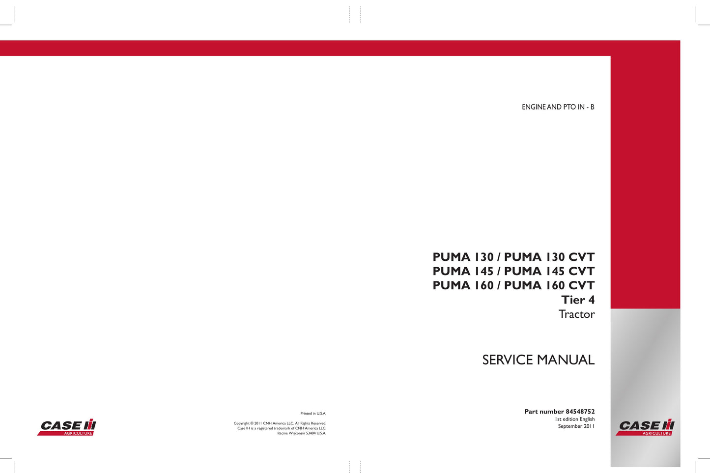 CASE PUMA 130 PUMA 130 CVT PUMA 145 PUMA 145 CVT PUMA 160 PUMA 160 CVT Tractor Factory Workshop Service Manual 84548749