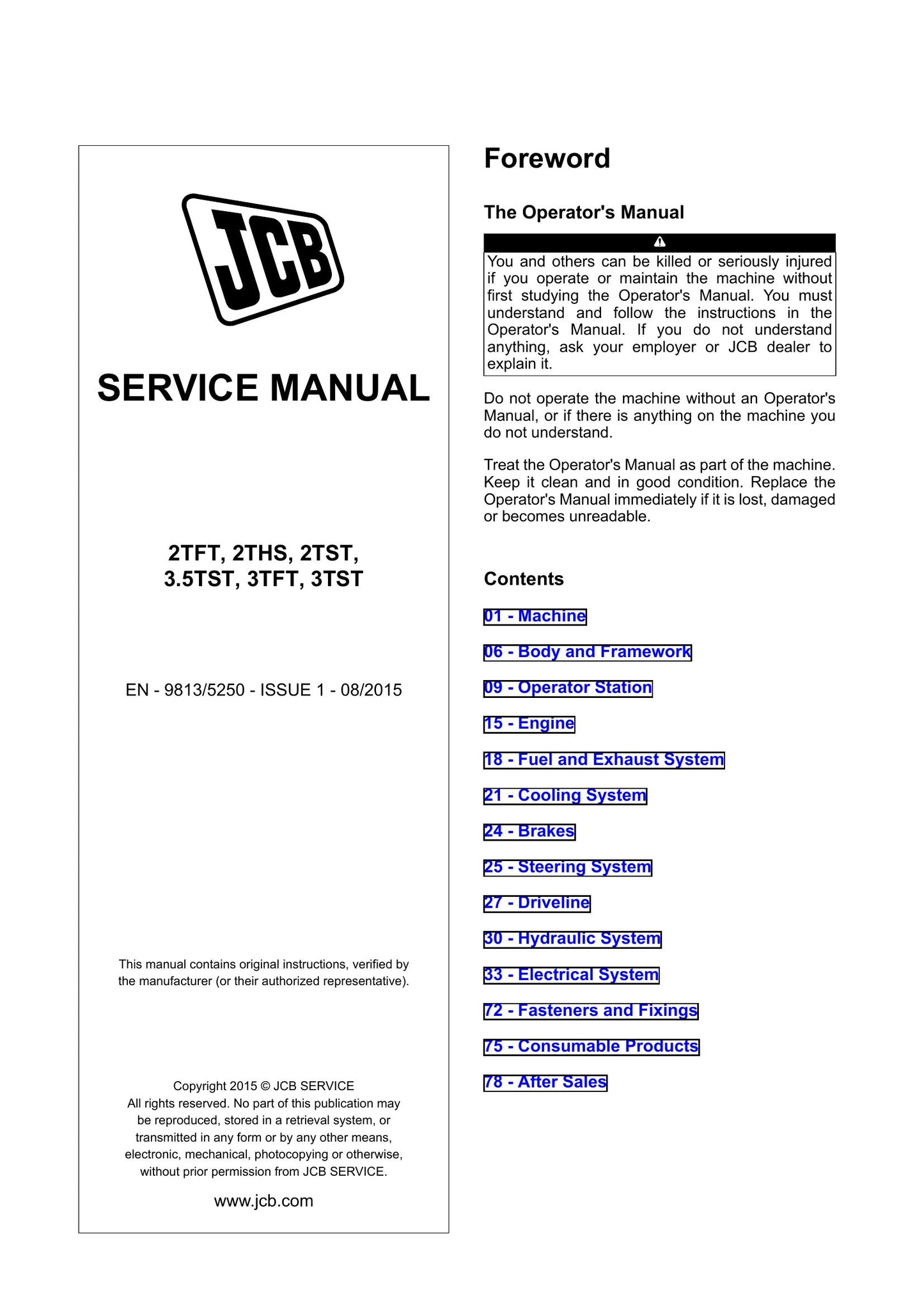 JCB 2TFT 2THS 2TST 3.5TST 3TFT 3TST Telehandler Factory Workshop Service Manual 9813/5250