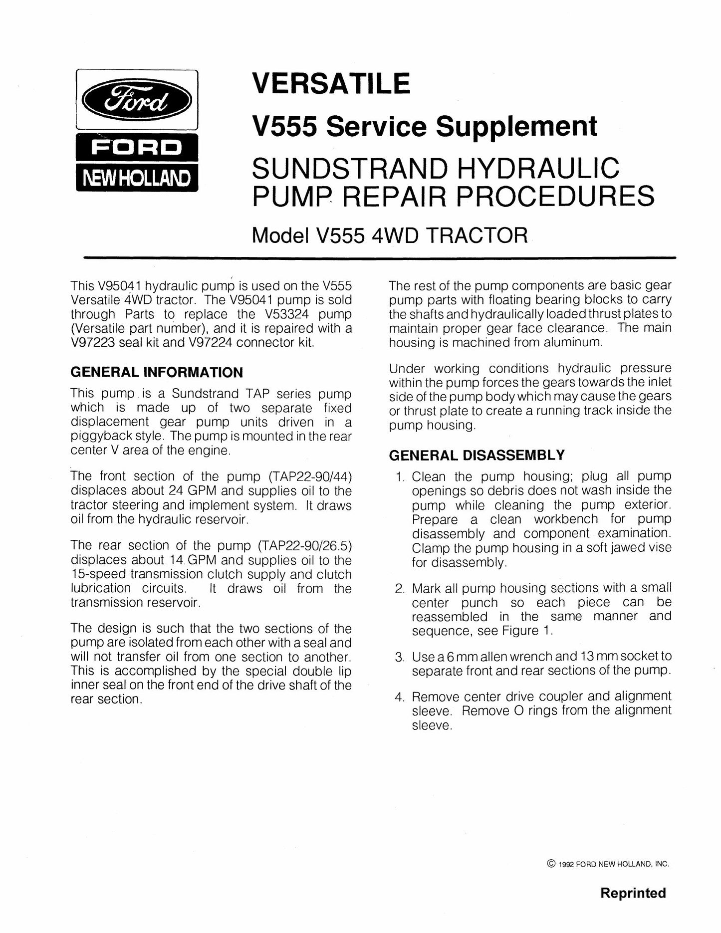 Ford Versatile V555 4WD Tractor Service Supplement 40055521