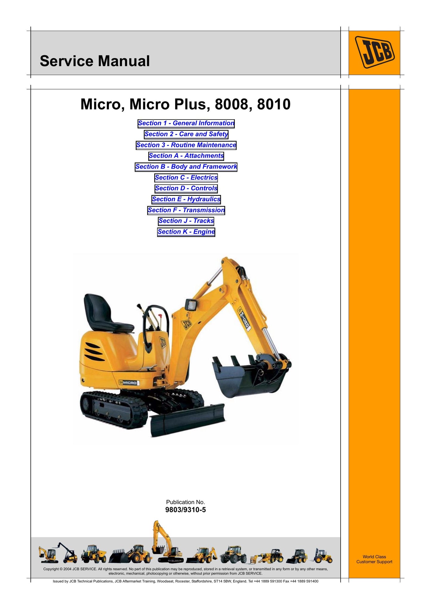 JCB Micro Micro Plus 8008 8010 Mini Excavator Factory Workshop Service Manual 9803/9310-5