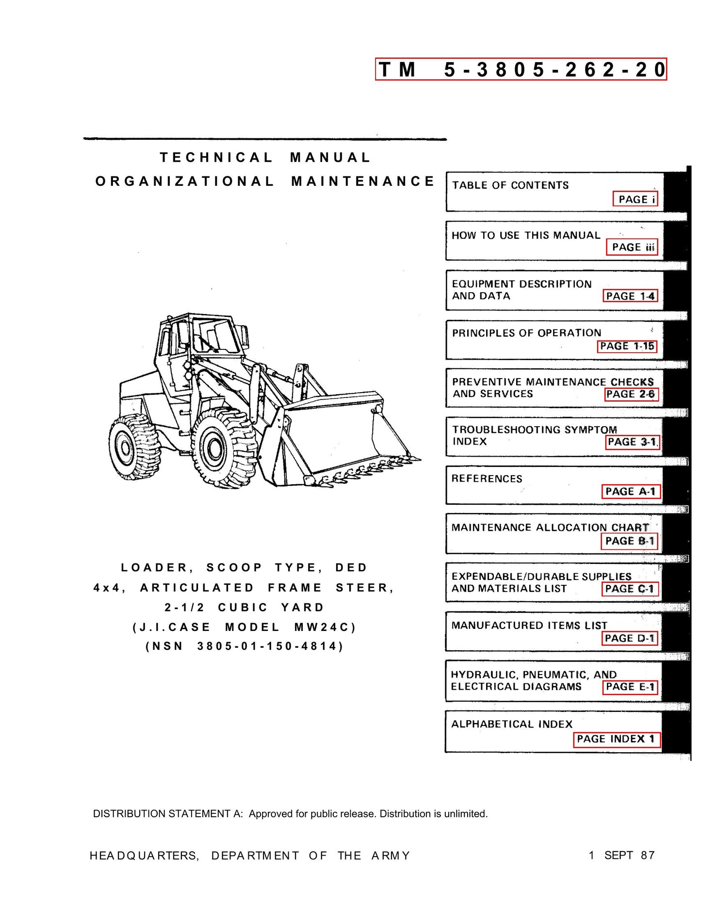 CASE MW24C Wheel Loader Factory Workshop Technical Manual TM 5-3805-262-20