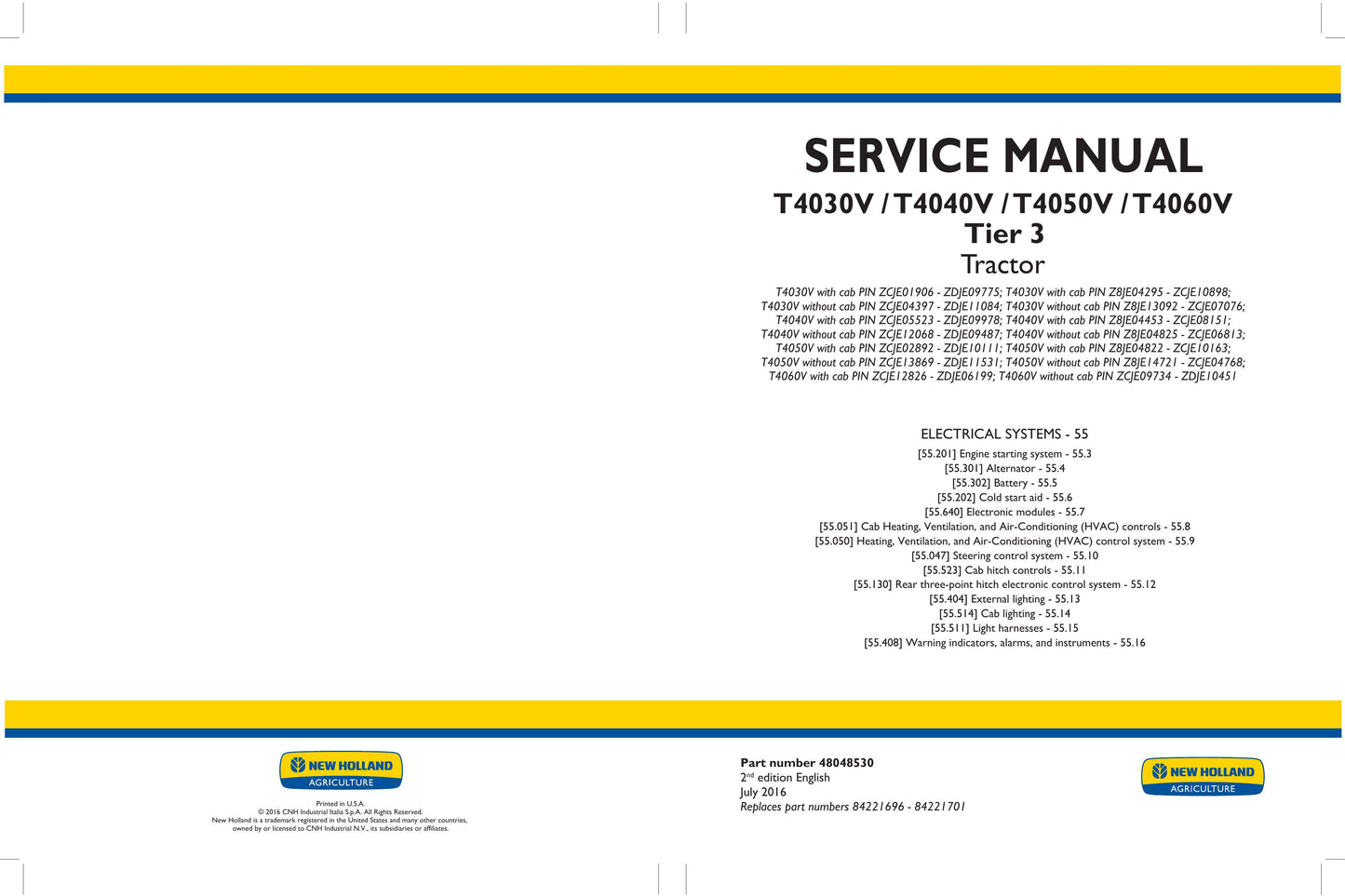 New Holland T4030V T4040V T4050V T4060V Tractor Factory Workshop Service Manual 48048525