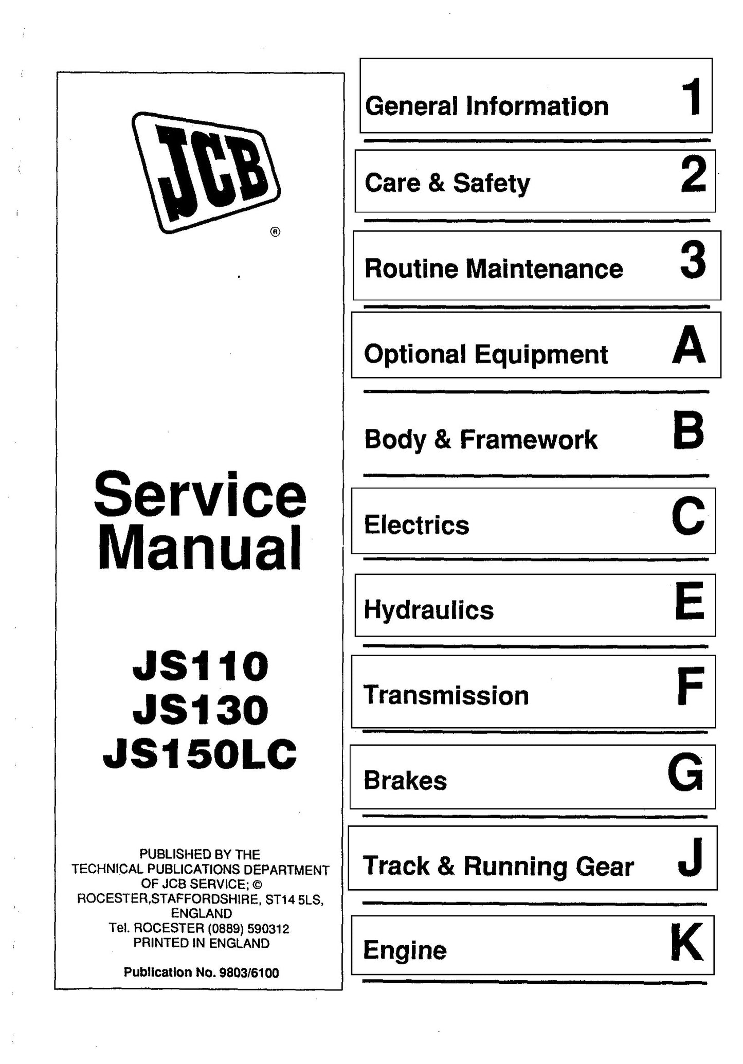 JCB JS110 JS130 JS150LC Crawler Excavator Factory Workshop Service Manual 9803-6100