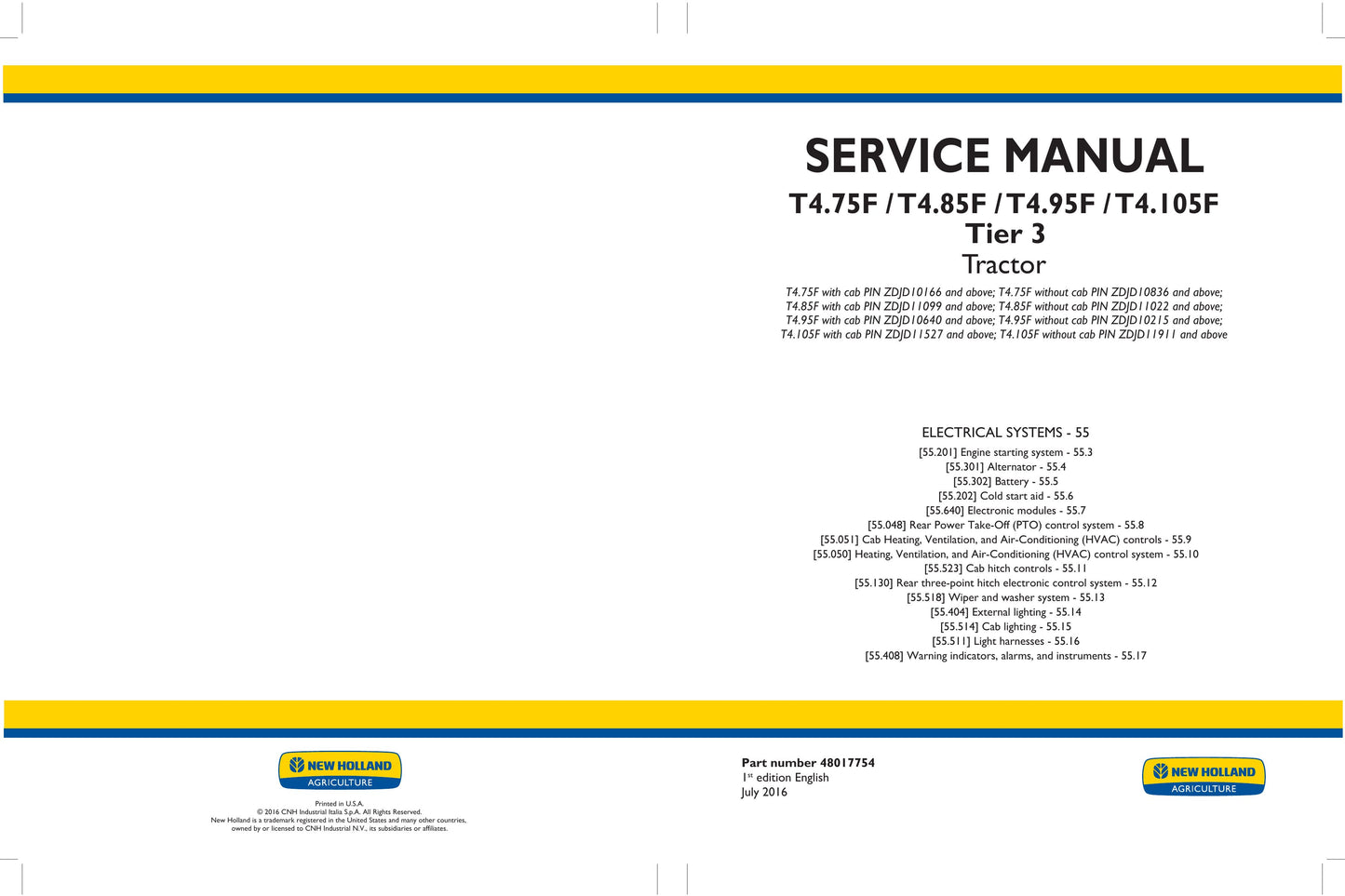 New Holland T4.75F T4.85F T4.95F T4.105F Tractor Factory Workshop Service Manual 48017752