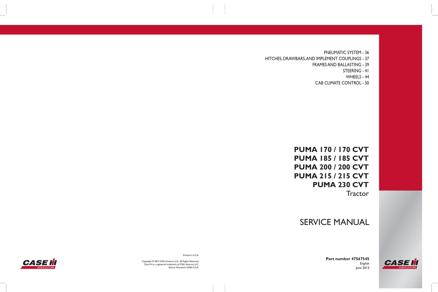 CASE Puma170 Puma170CVT Puma185 Puma185CVT Puma200 Puma200CVT Puma215 Puma215CVT Puma230CVT Tractor Factory Workshop Service Manual 47567545