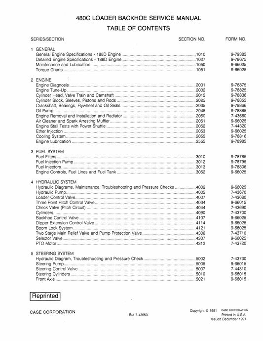 CASE 480C Loader Backhoe Factory Workshop Service Manual Bur 7-43650