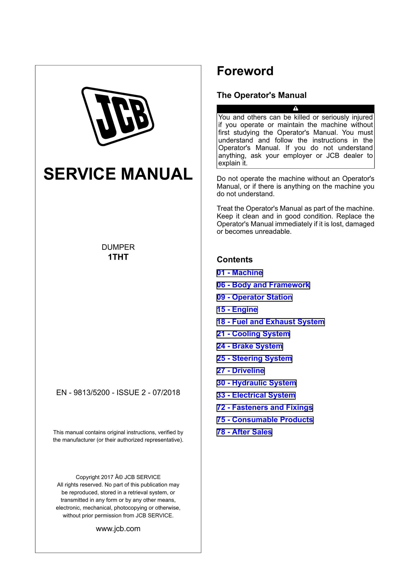 JCB 1THT Dumper Factory Workshop Service Manual 9813/5200
