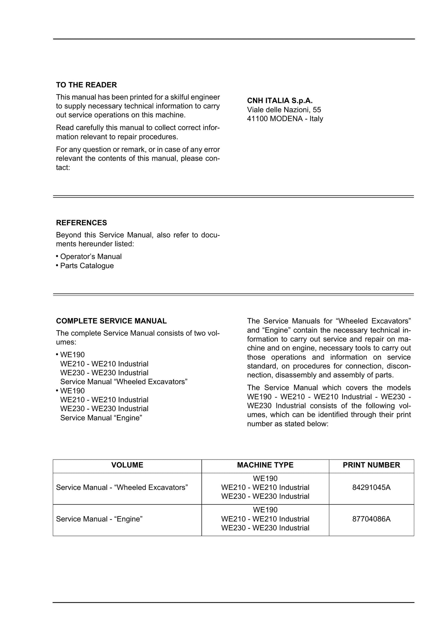 CNH WE190 WE210 WE210 Industrial WE230 WE230 Industrial Wheeled Excavator Factory Workshop Service Manual 84291045A