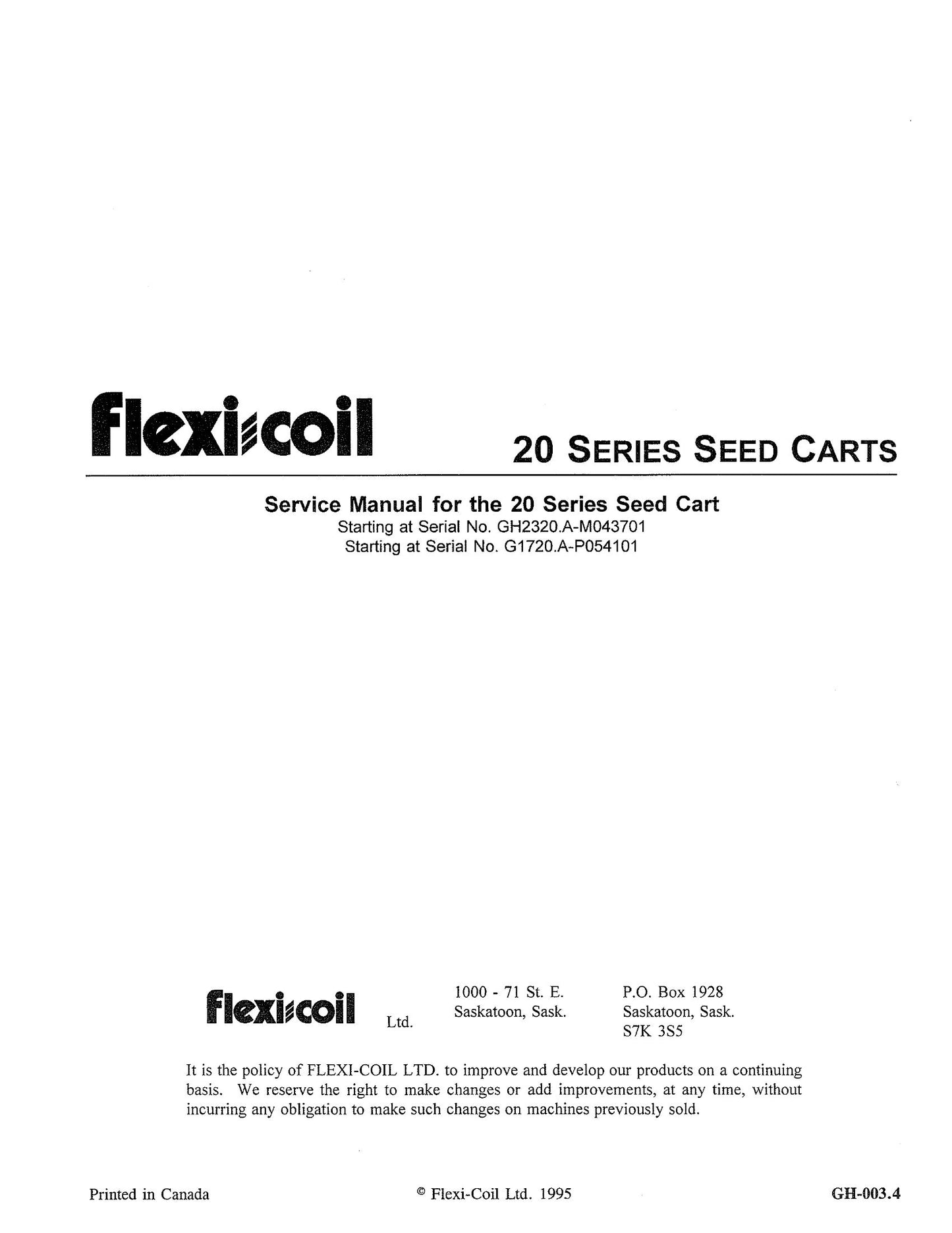 Flexi-Coil 20 Series Seed Carts Factory Workshop Service Manual GH-003.4