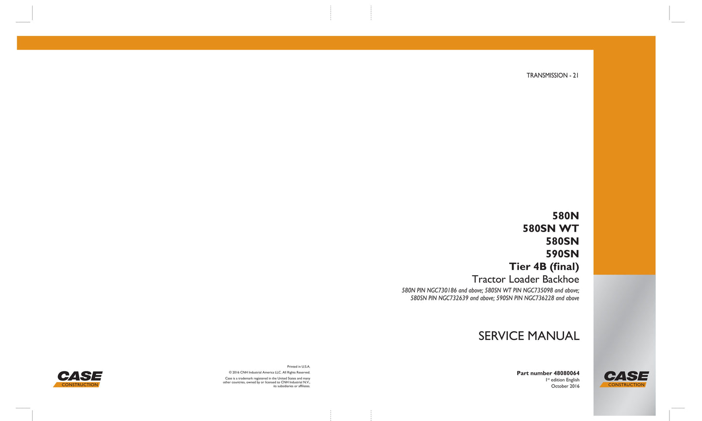 CASE 580N 580SN 580SN WT 590SN Backhoe Loader Factory Workshop Service Manual 48080064