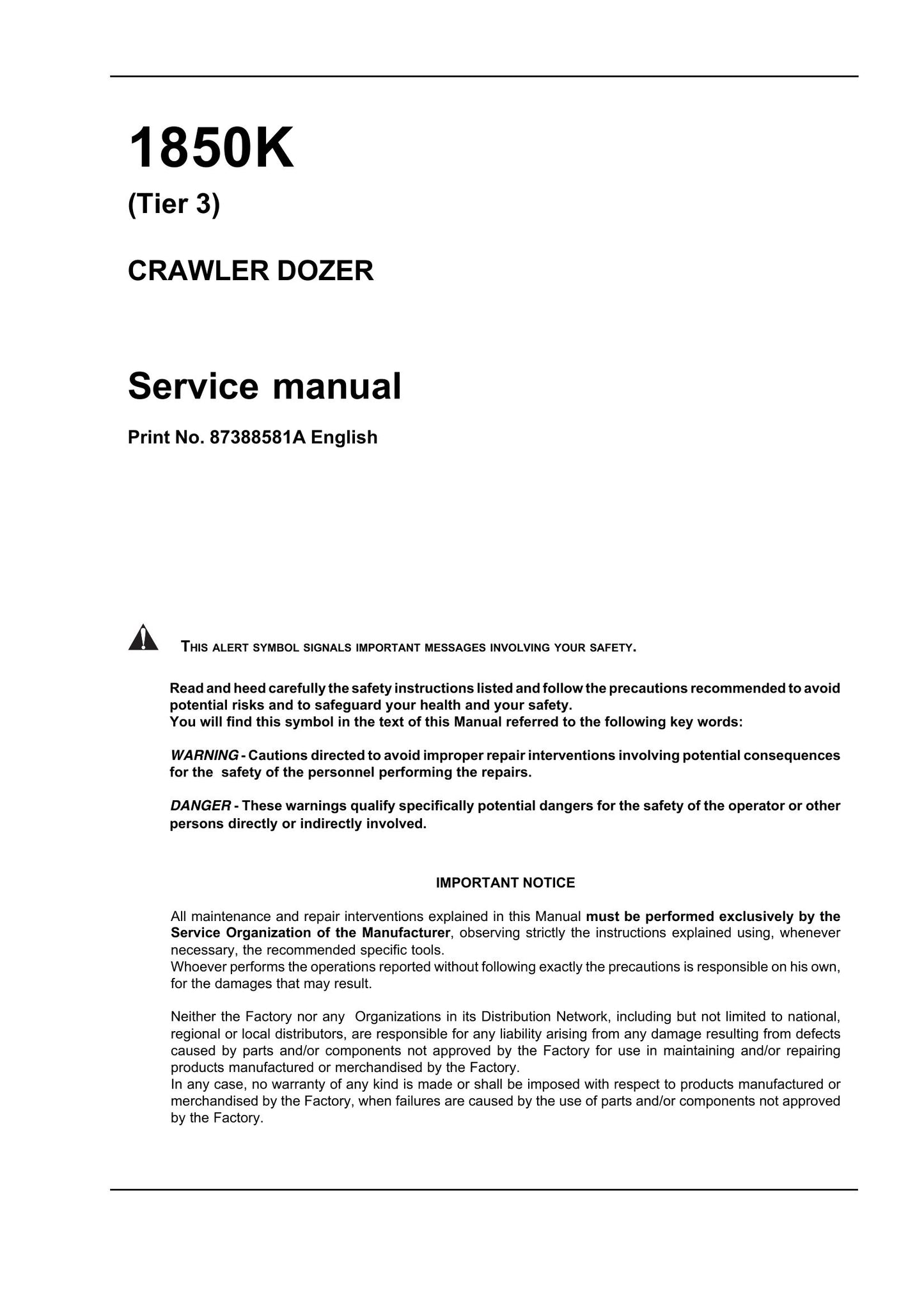 FIAT-ALLIS 1850K Bulldozer Factory Workshop Service Manual 87388581A