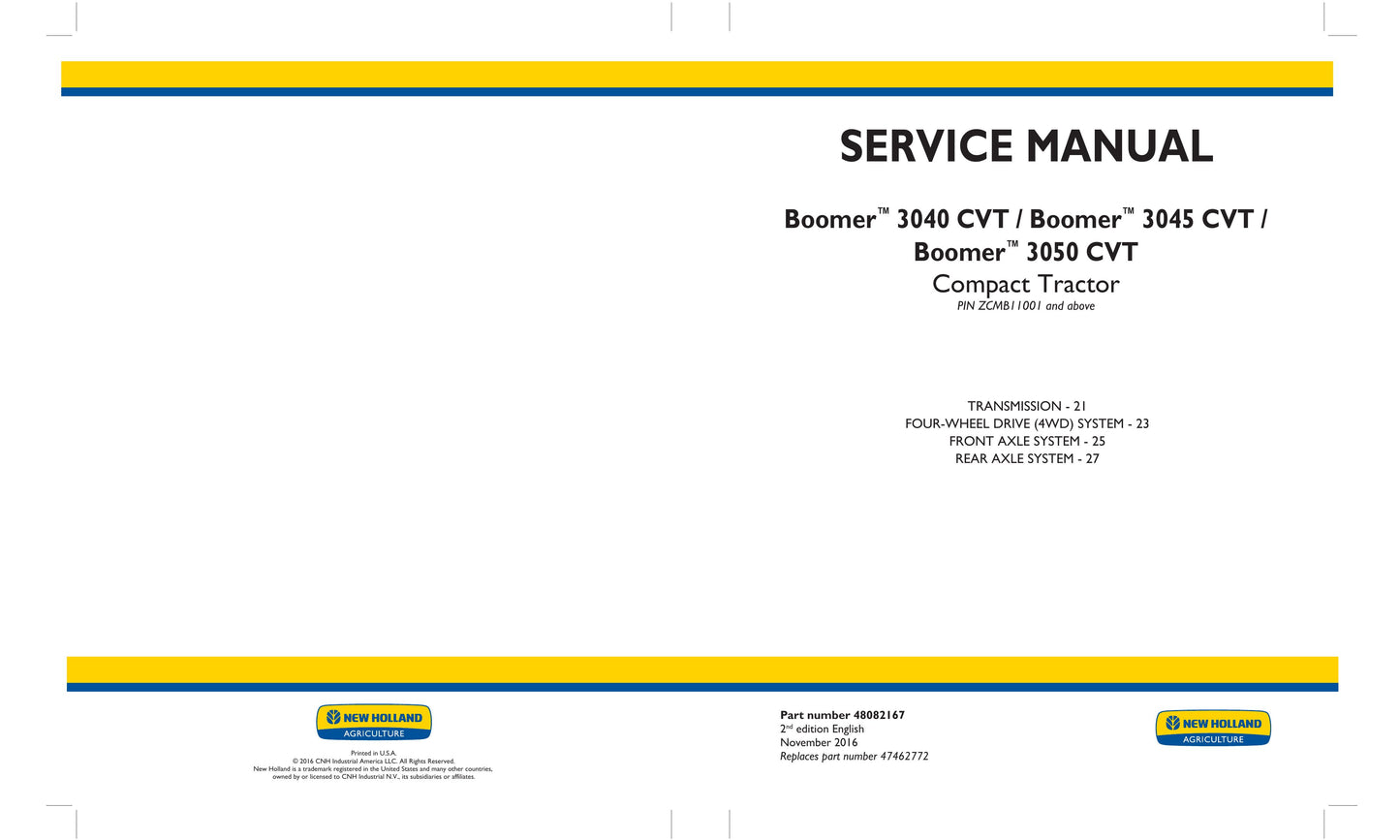 New Holland Boomer 3040 CVT Boomer 3045 CVT Boomer 3050 CVT Compact Tractor Factory Workshop Service Manual 48082166