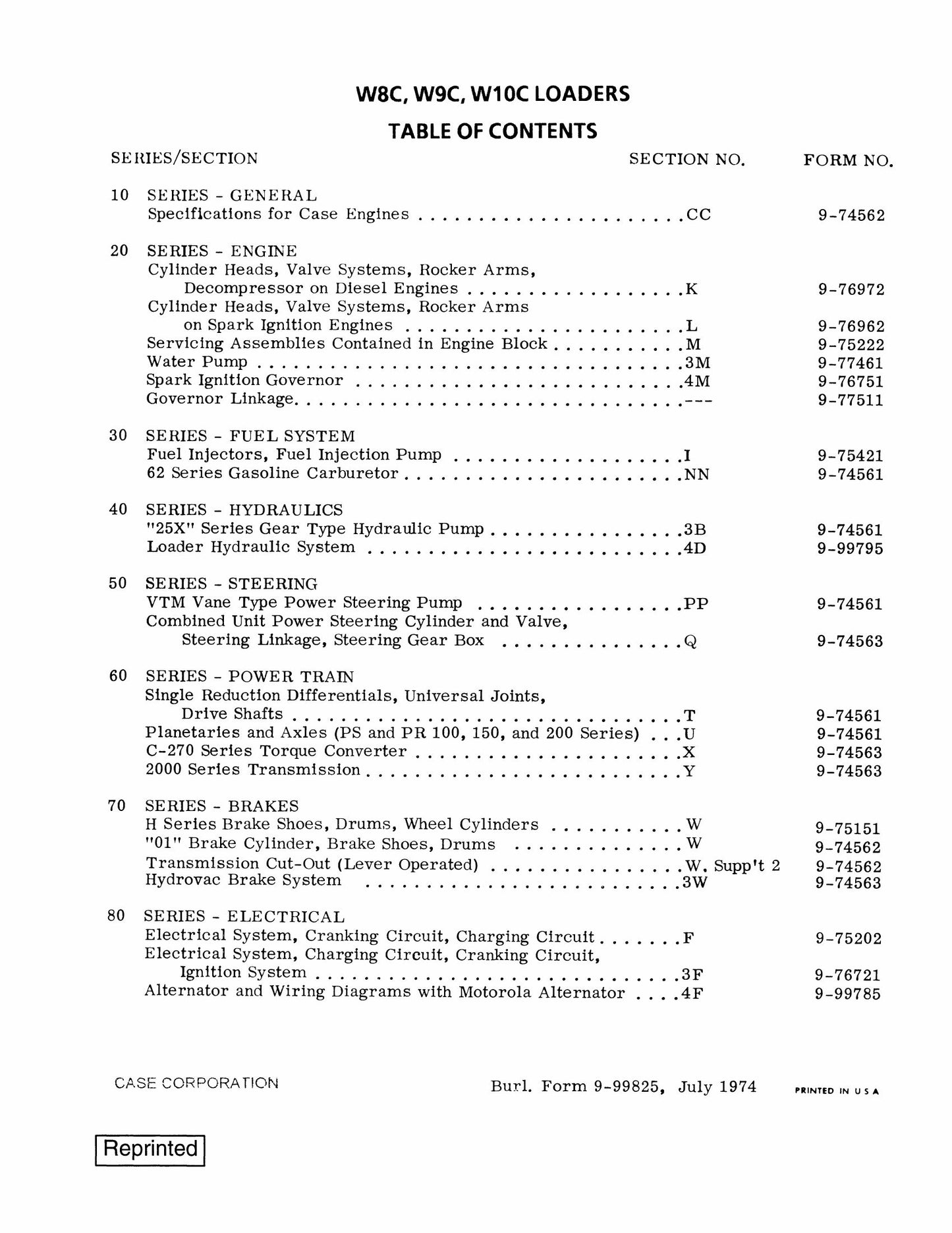 CASE W8C W9C W10C Wheel Loader Factory Workshop Parts Catalog 9-99825
