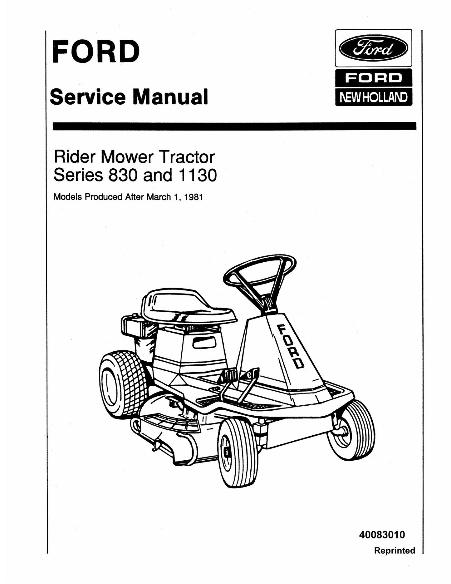 FORD 830 1130 Rider Mower Tractor Factory Workshop Service Manual 40083010