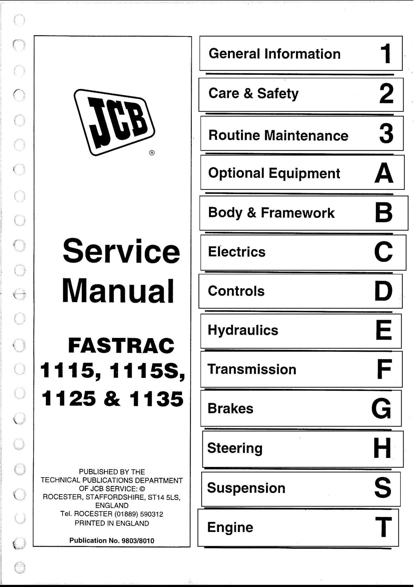 JCB FASTRAC 1115 1115S 1125 1135 Tractor Factory Workshop Service Manual 9803/8010