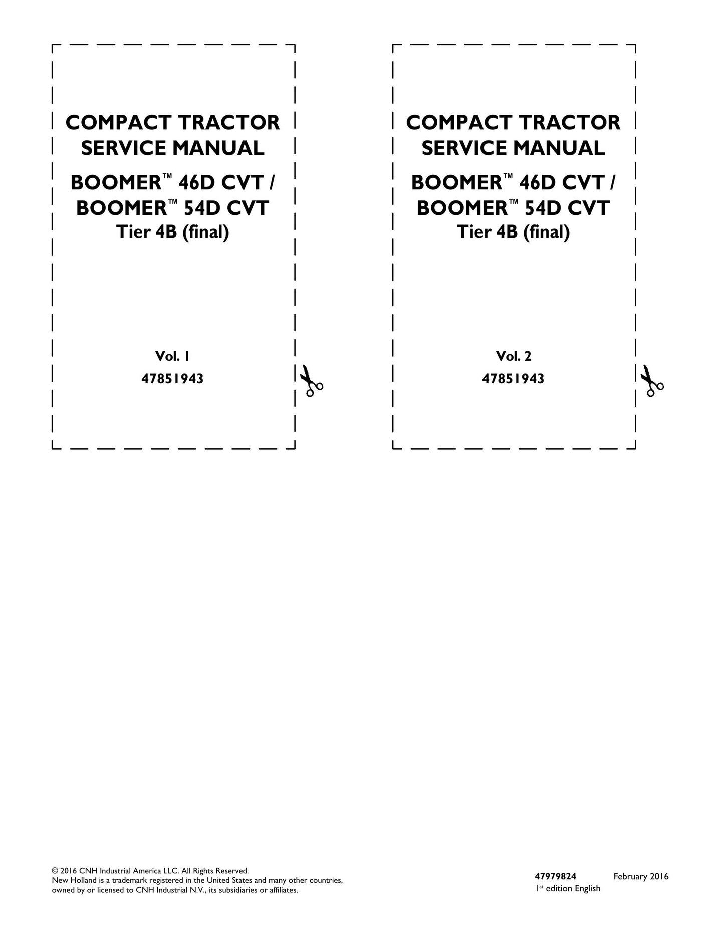 New Holland BOOMER™ 46D CVT BOOMER™ 54D CVT Tractor Factory Workshop Service Manual 47851943