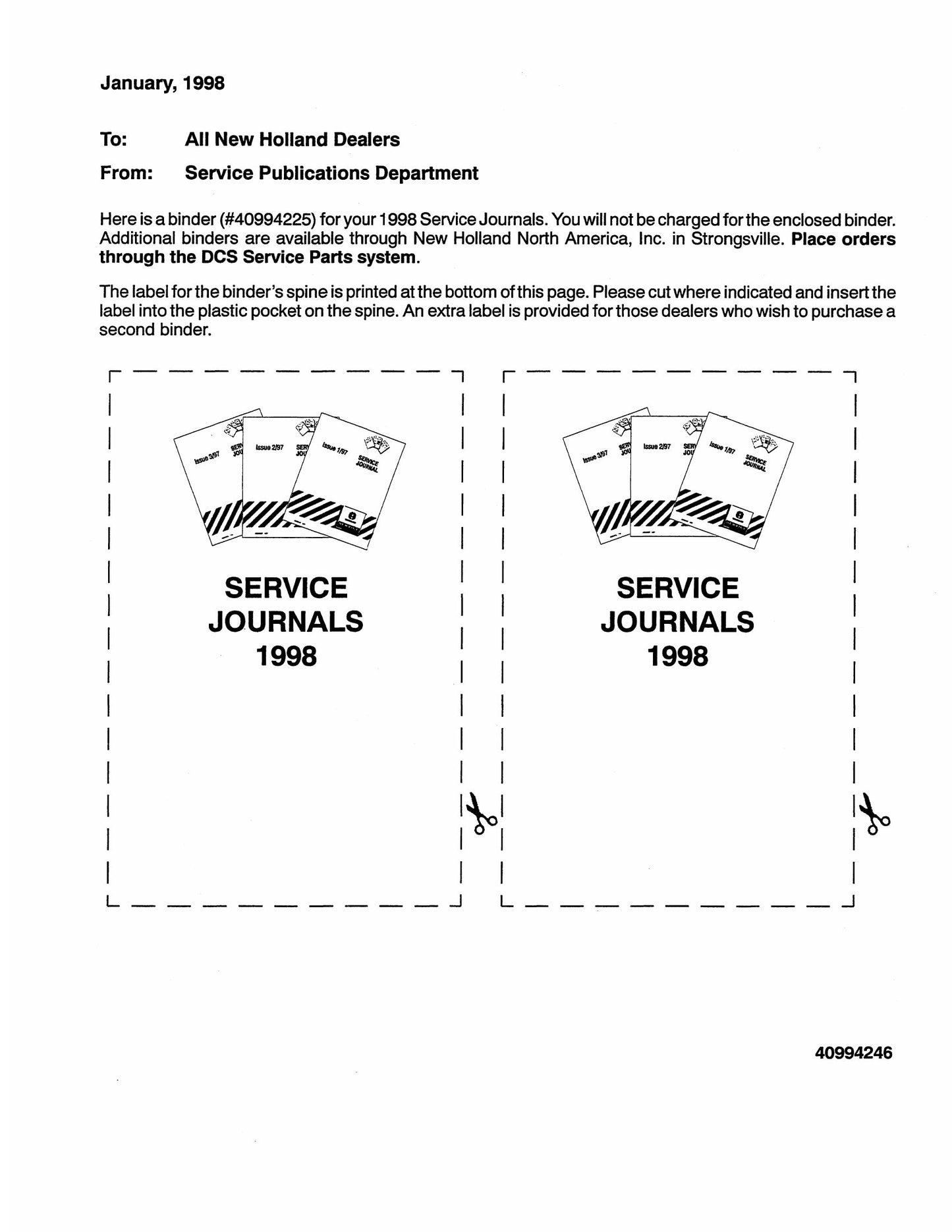 New Holland Service Journals Binder Label 40994246