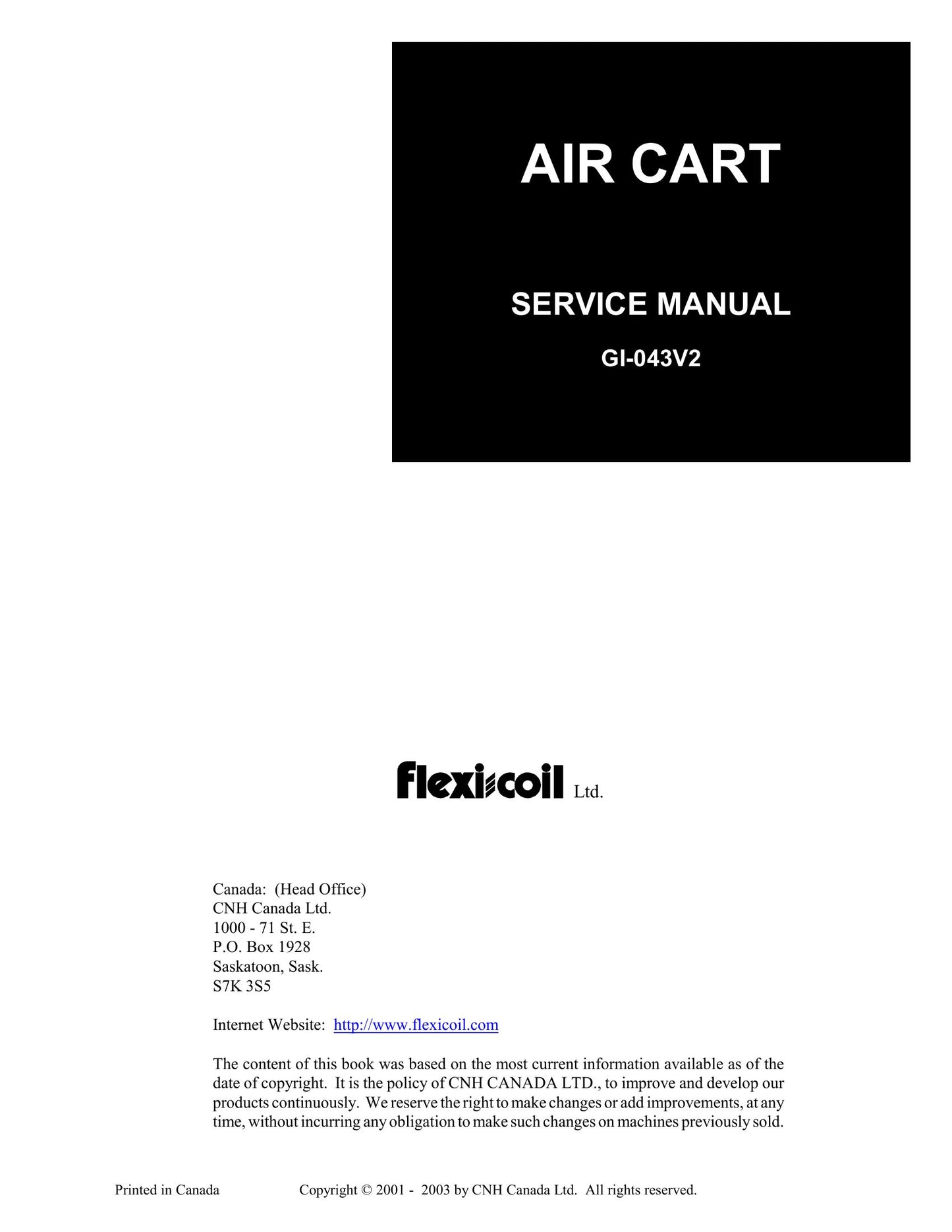 Flexi-Coil 1330 Plus 2640 40 Series 50 Series Air Cart Factory Workshop Service Manual GI-043V2