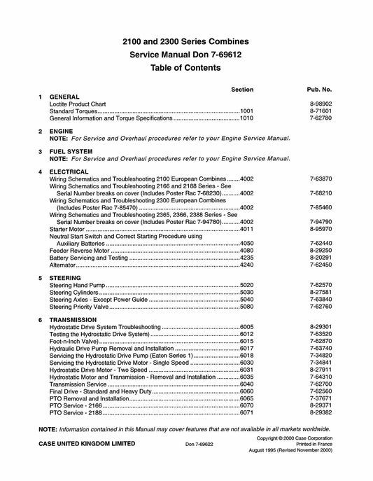 CASE 2100 2300 Combine Combine Factory Workshop Service Manual Don 7-69612