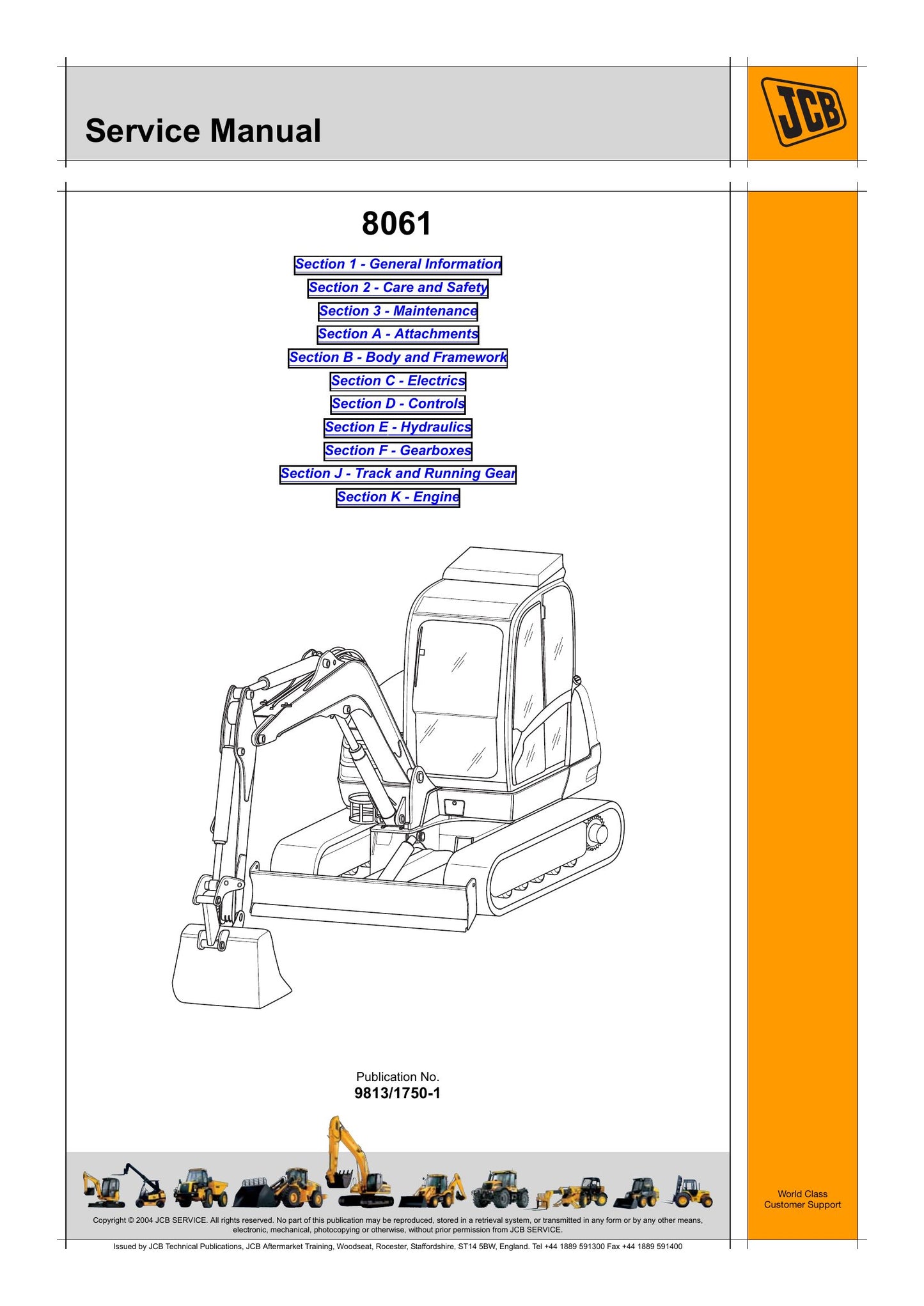 JCB 8061 Mini Excavator Factory Workshop Service Manual 9813/1750-1