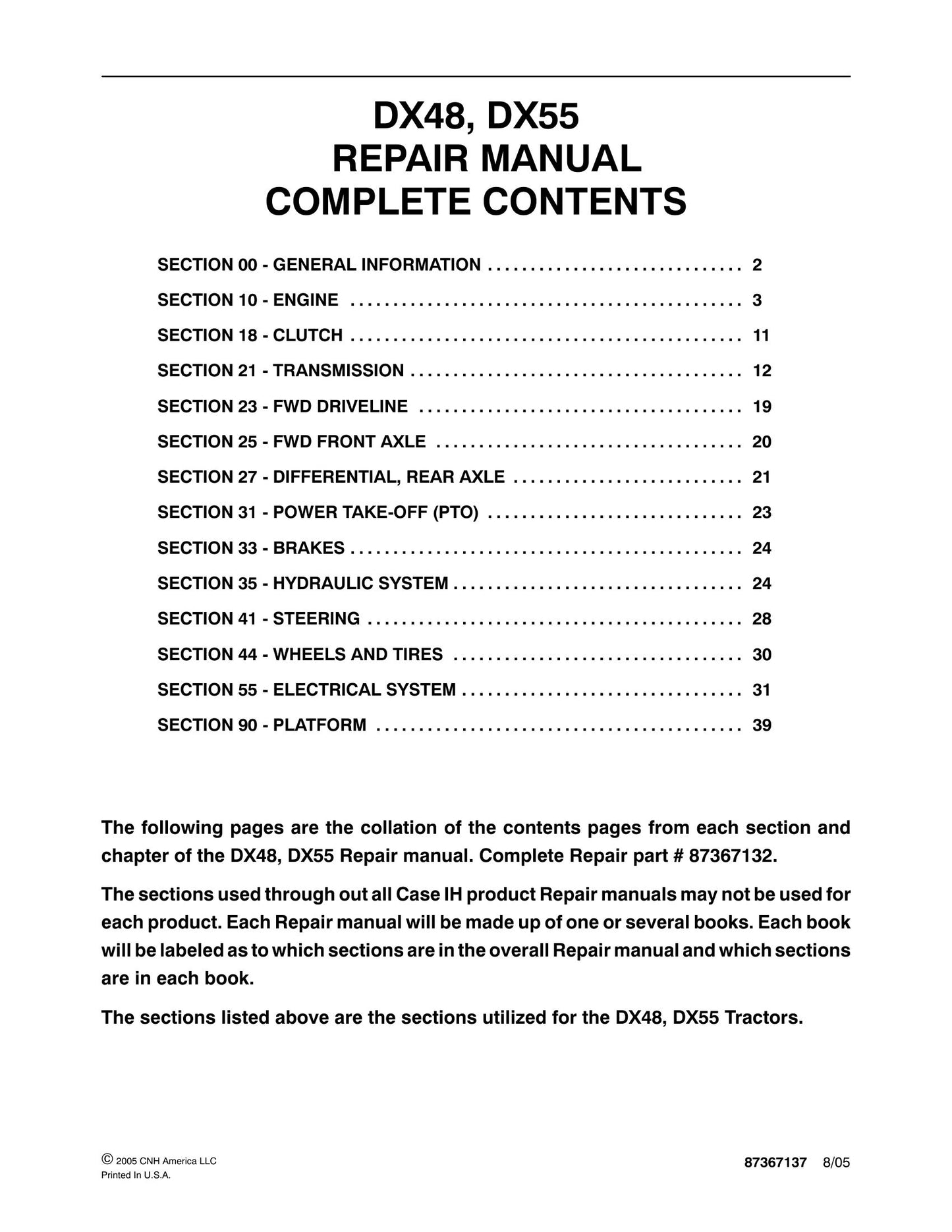 CASE IH DX48 DX55 Tractor Factory Workshop Repair Manual 87367132
