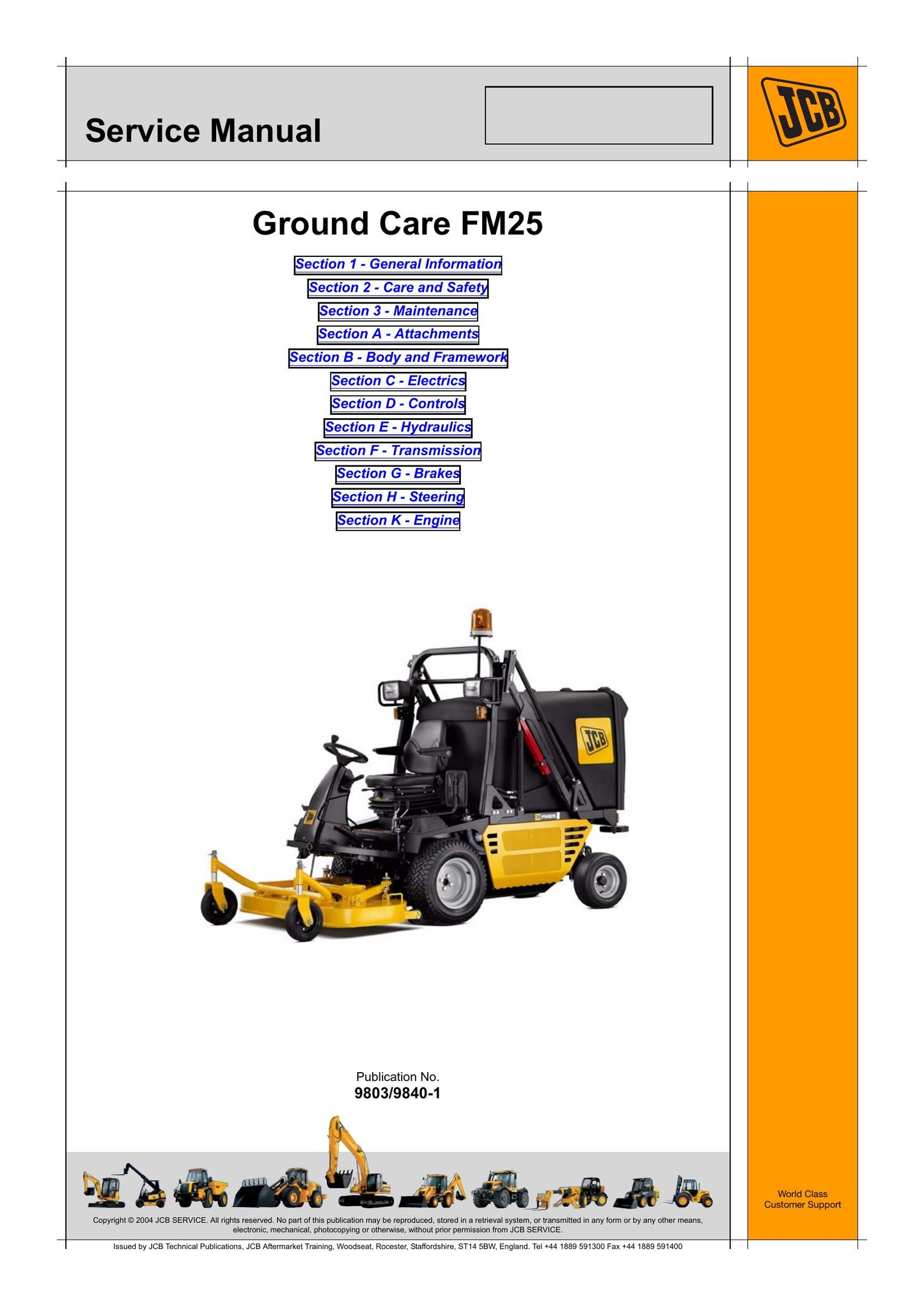 JCB FM25 Ground Care Mower Factory Workshop Service Manual 9803/9840-1