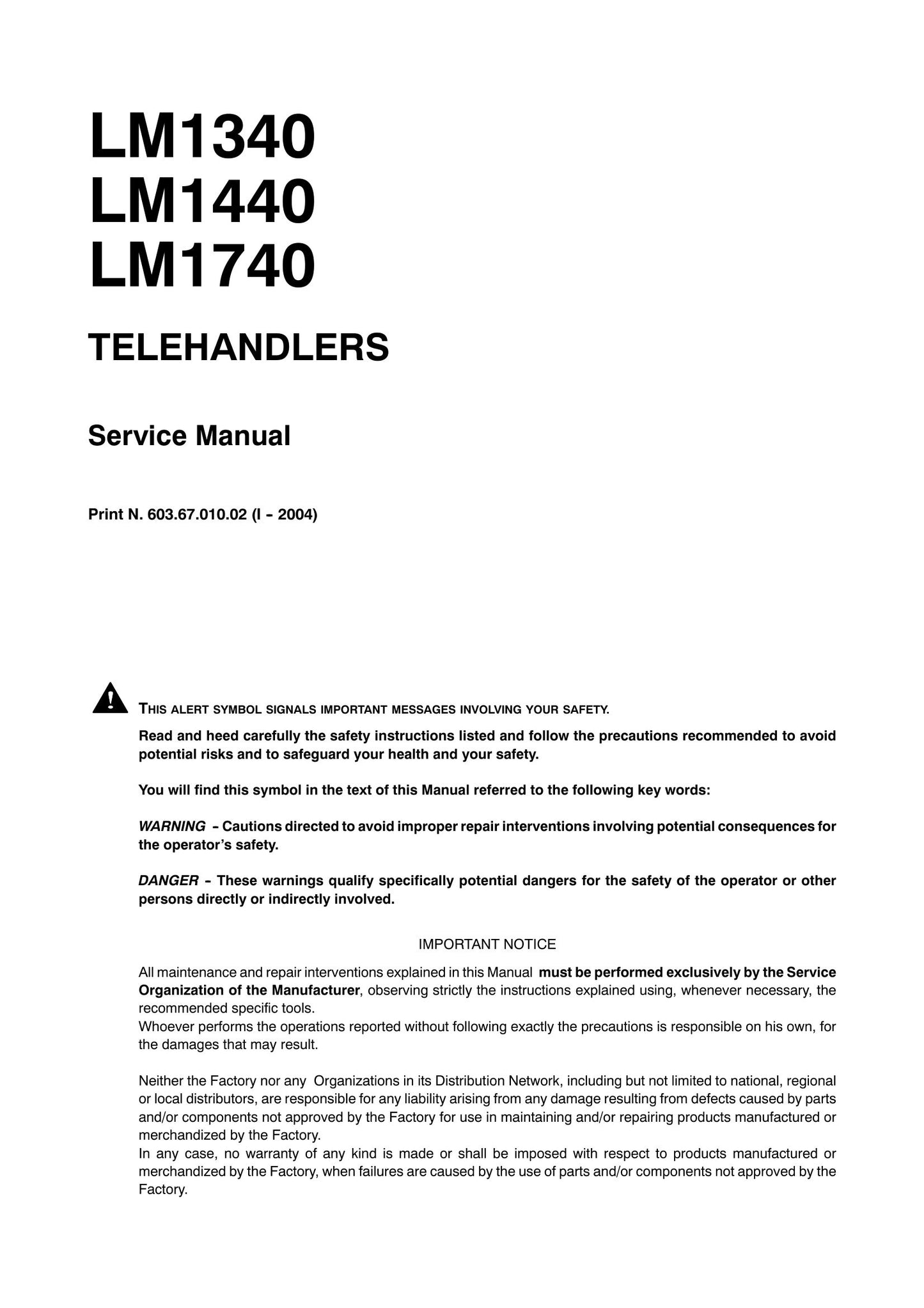 Manitou LM1340 LM1440 LM1740 Telehandler Factory Workshop Service Manual 603.67.010.02