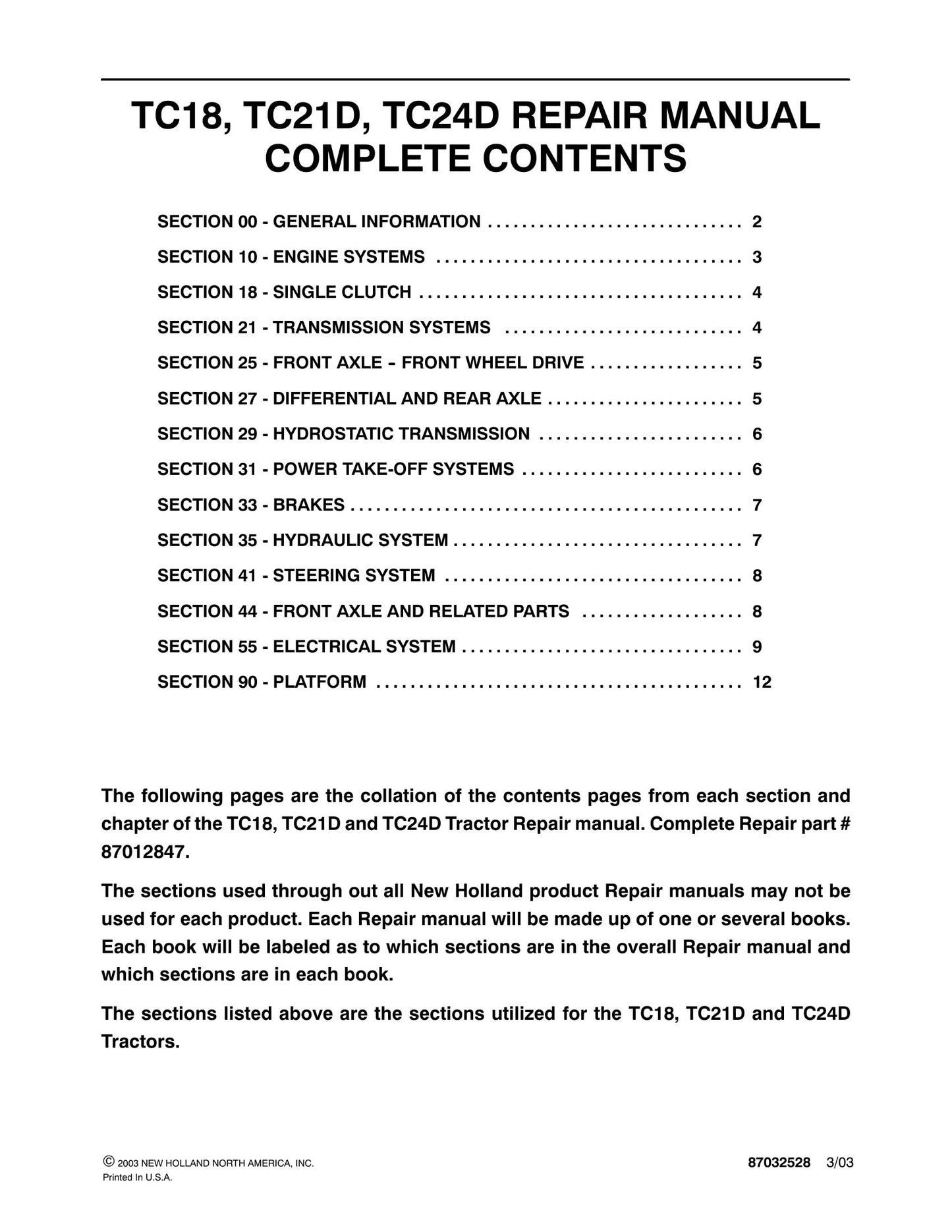 New Holland TC18 TC21D TC24D Tractor Factory Workshop Repair Manual 87032528