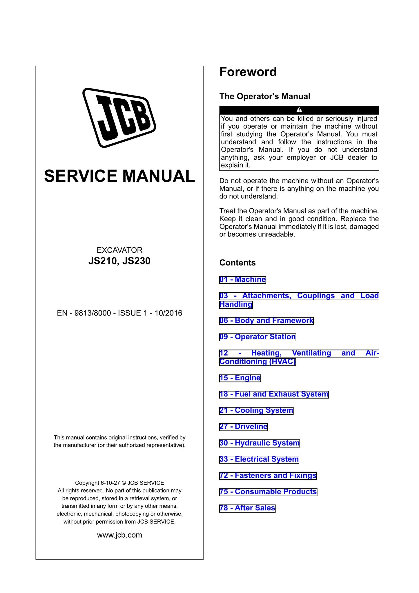 JCB JS210 JS230 Crawler Excavator Factory Workshop Service Manual 9813/8000