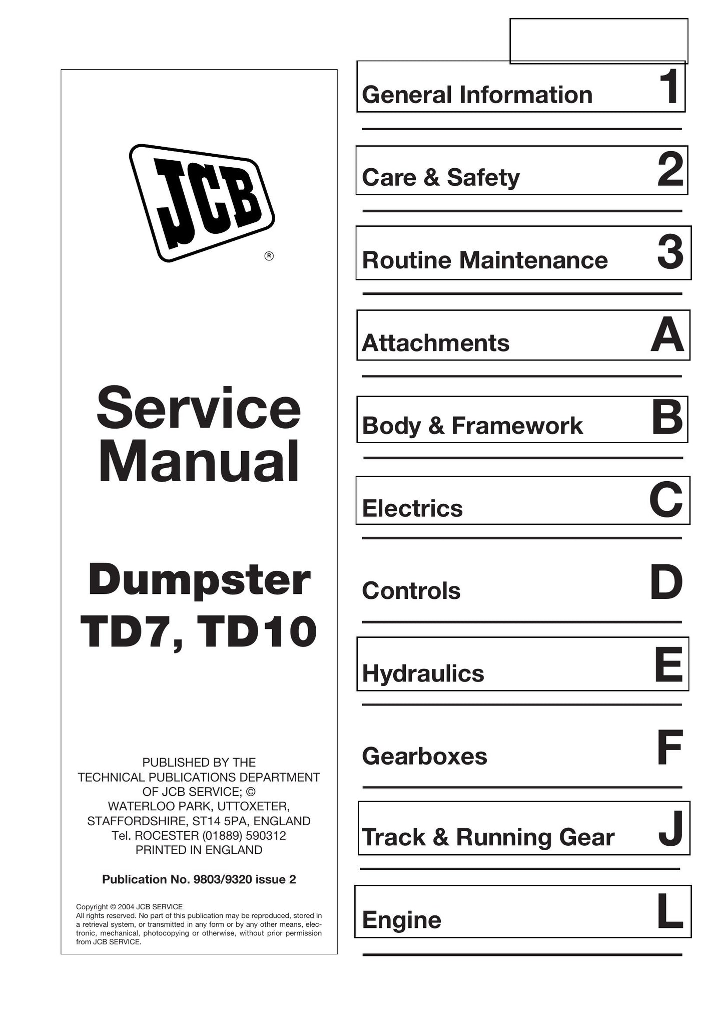 JCB TD7 TD10 Dumpster Factory Workshop Service Manual 9803/9320