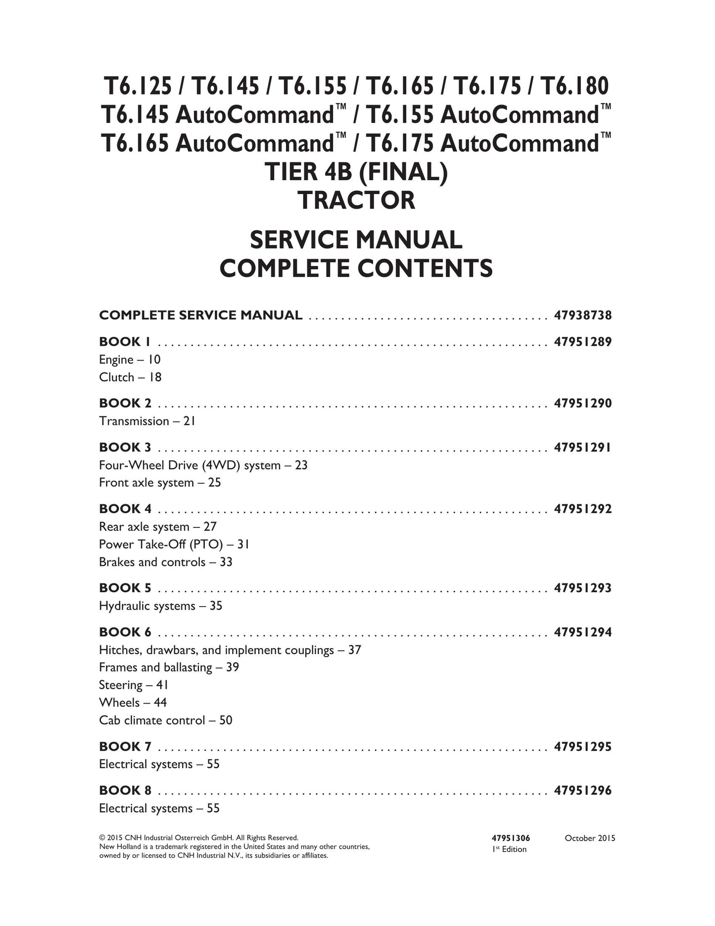 New Holland T6.125 T6.145 T6.155 T6.165 T6.175 T6.180 T6.145 AutoCommand T6.155 AutoCommand T6.165 AutoCommand T6.175 AutoCommand Tractor Factory Workshop Service Manual 47951296