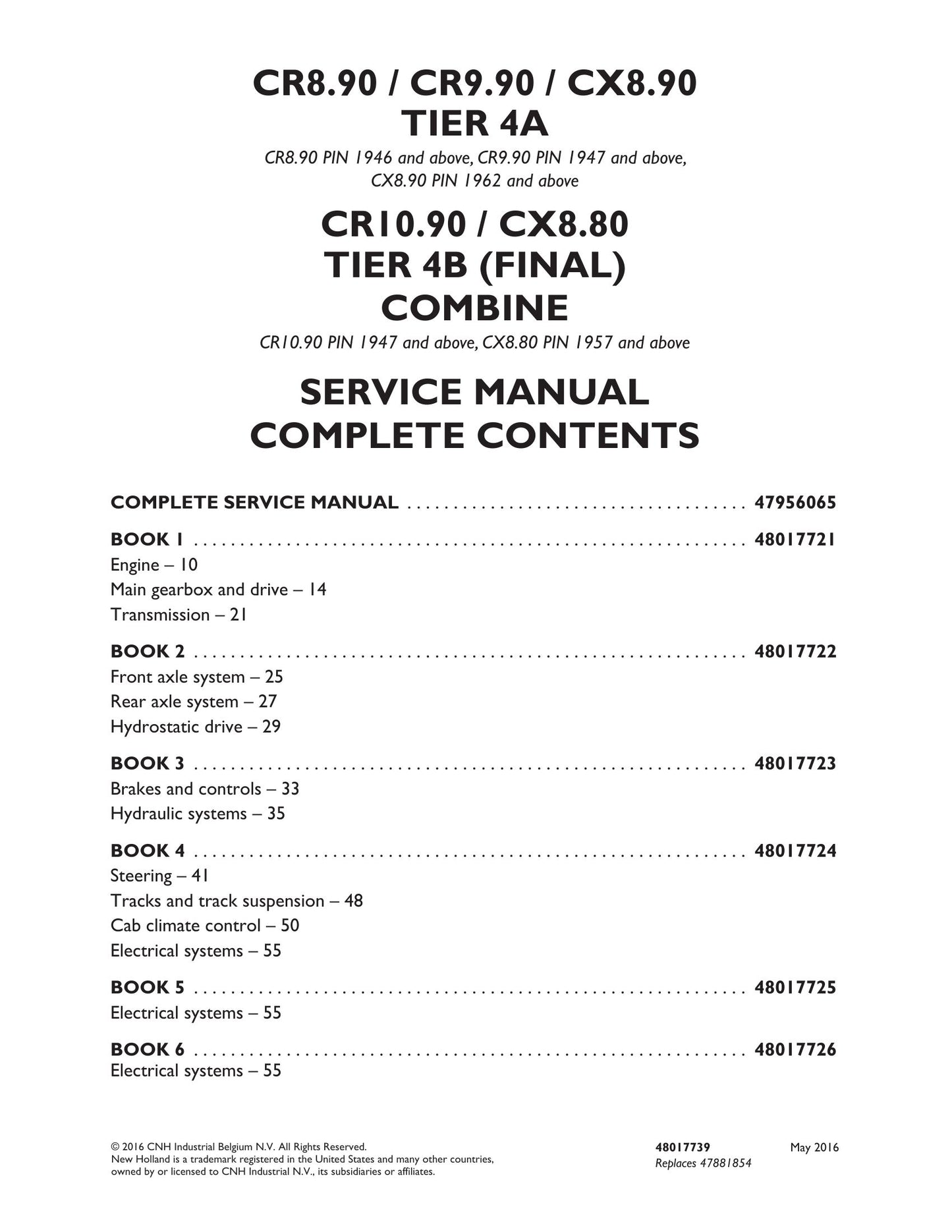 New Holland CR8.90 CR9.90 CX8.90 CR10.90 CX8.80 Combine Factory Workshop Service Manual 48017738