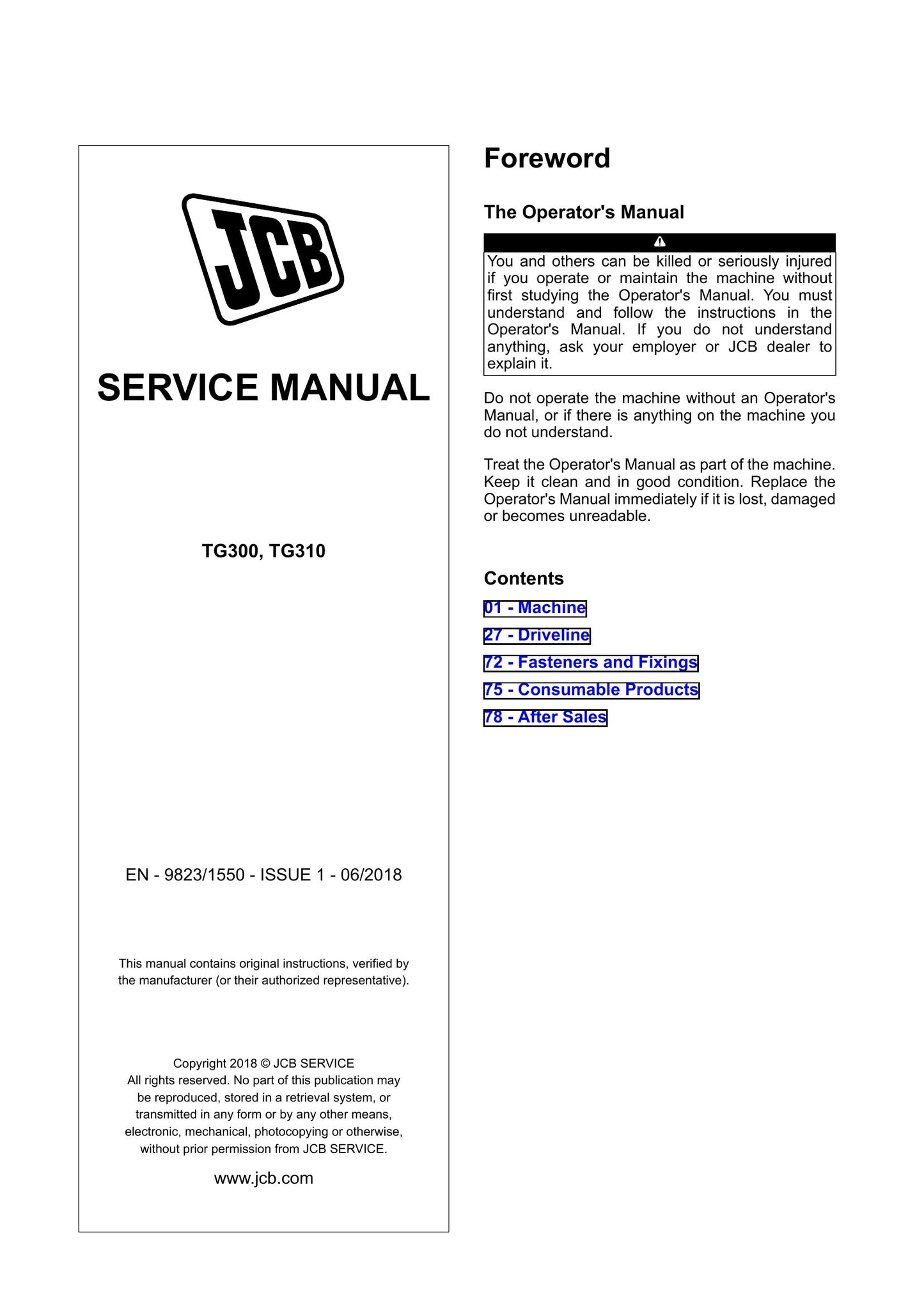JCB TG300 TG310 Tractor Factory Workshop Service Manual 9823/1550