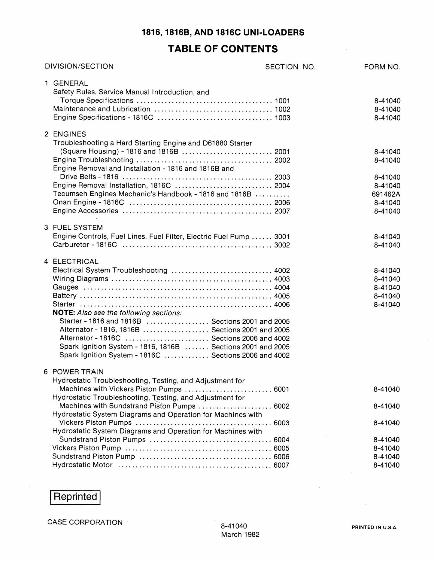 CASE 1816 1816B 1816C Skid Steer Loader Factory Workshop Service Manual 8-41040