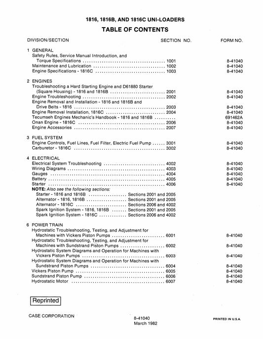 CASE 1816 1816B 1816C Skid Steer Loader Factory Workshop Service Manual 8-41040