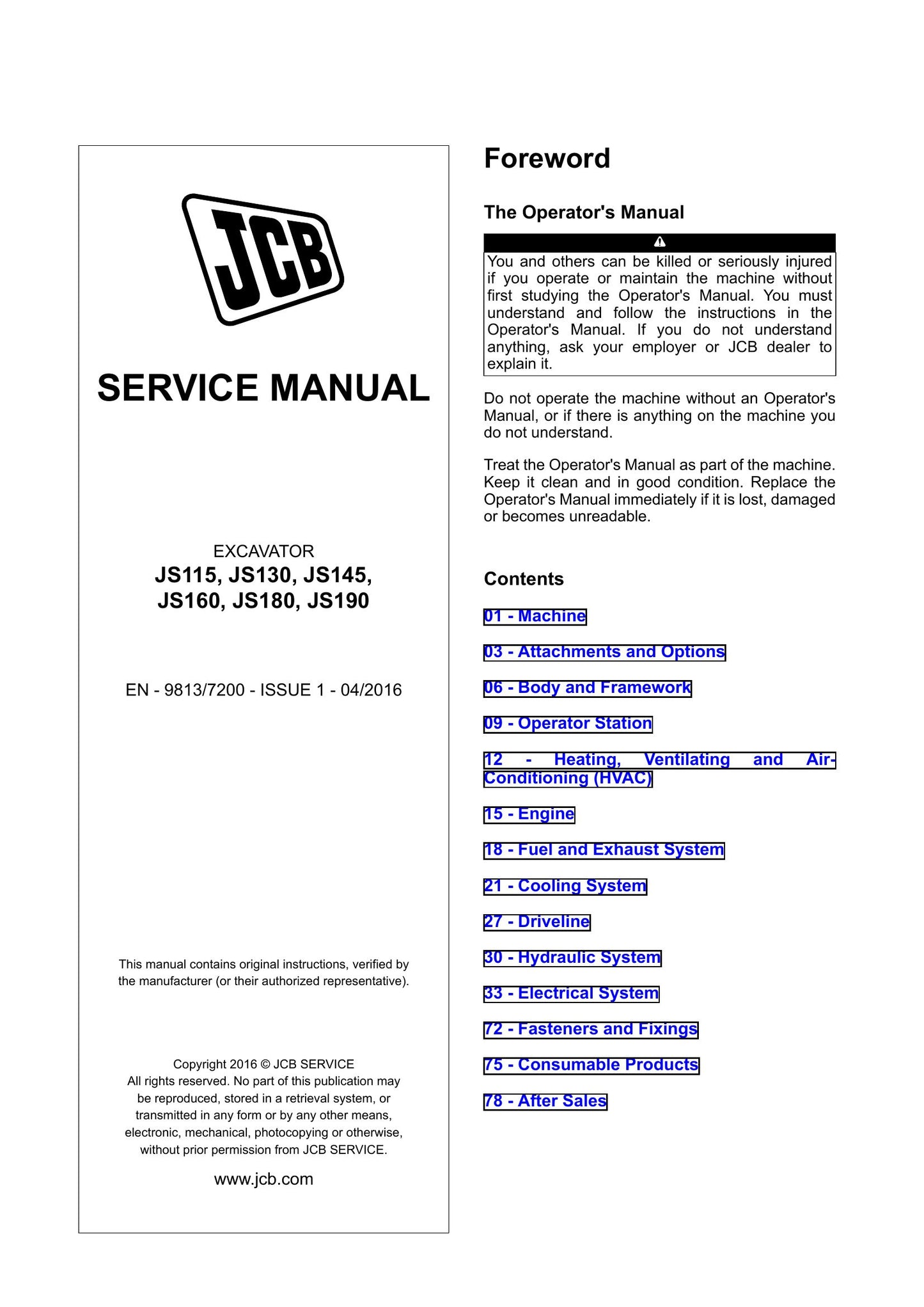 JCB JS115 JS130 JS145 JS160 JS180 JS190 Crawler Excavator Factory Workshop Service Manual 9813/7200