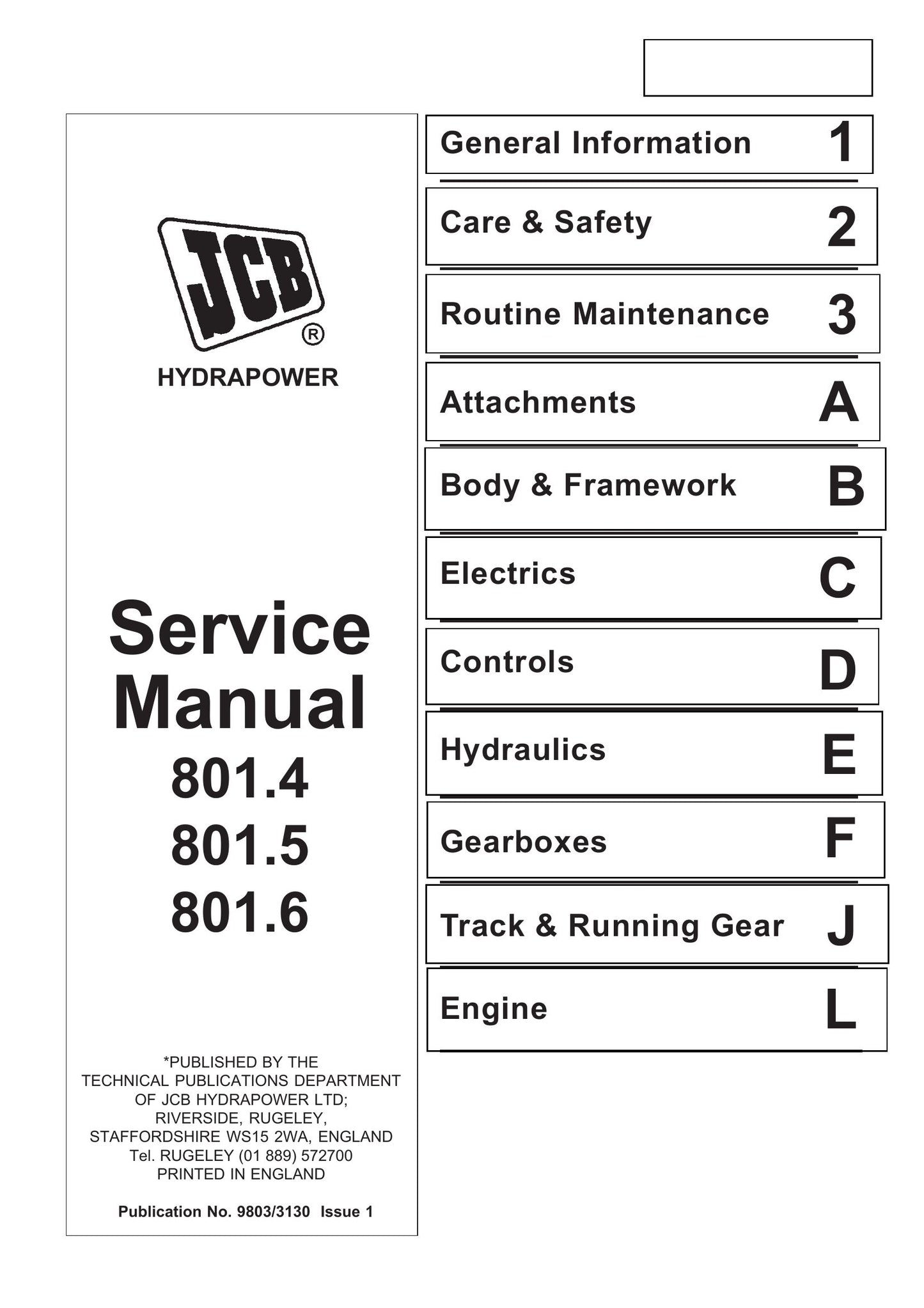 JCB 801.4 801.5 801.6 Mini Excavator Factory Workshop Service Manual 9803/3130